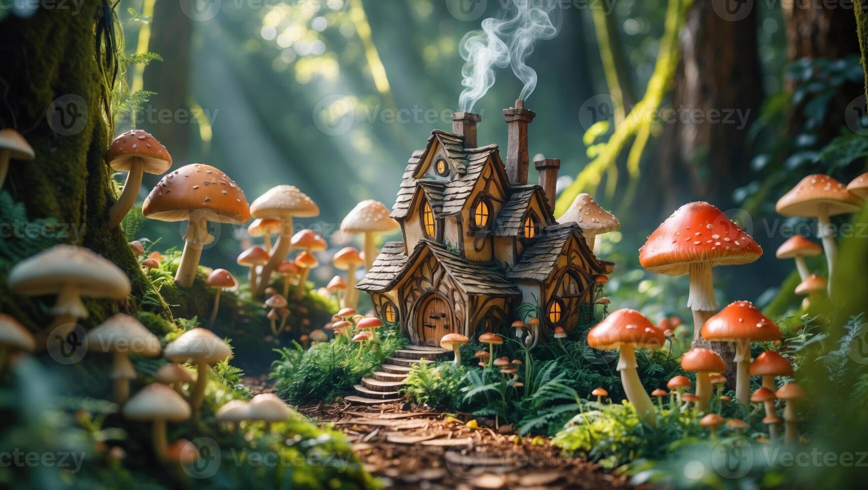 Whimsical fairy tale village nestled among giant mushrooms and misty trees in a lush forest at dawn photo