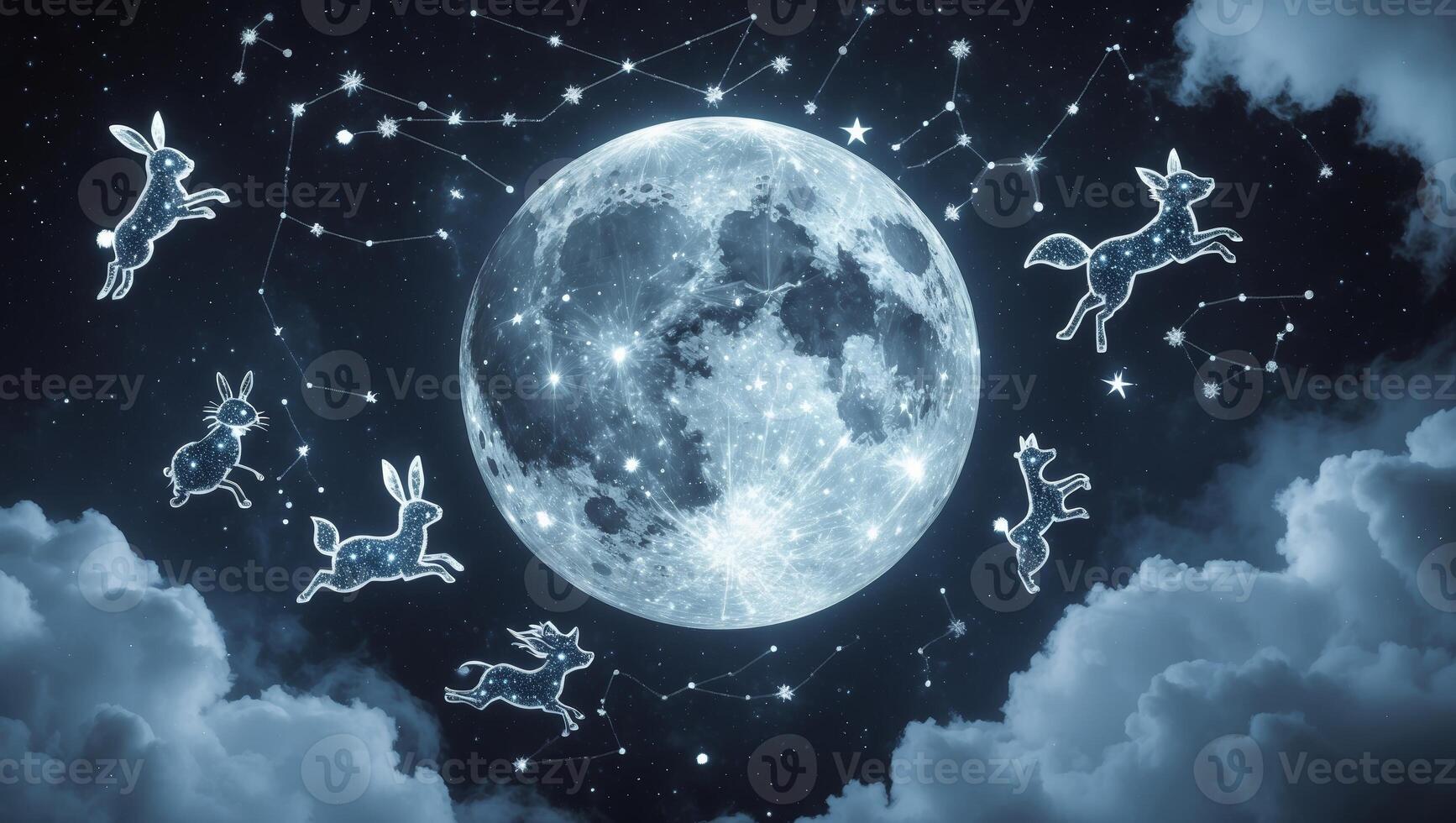 Moonlit night sky with constellation shapes of animals surrounded by clouds photo