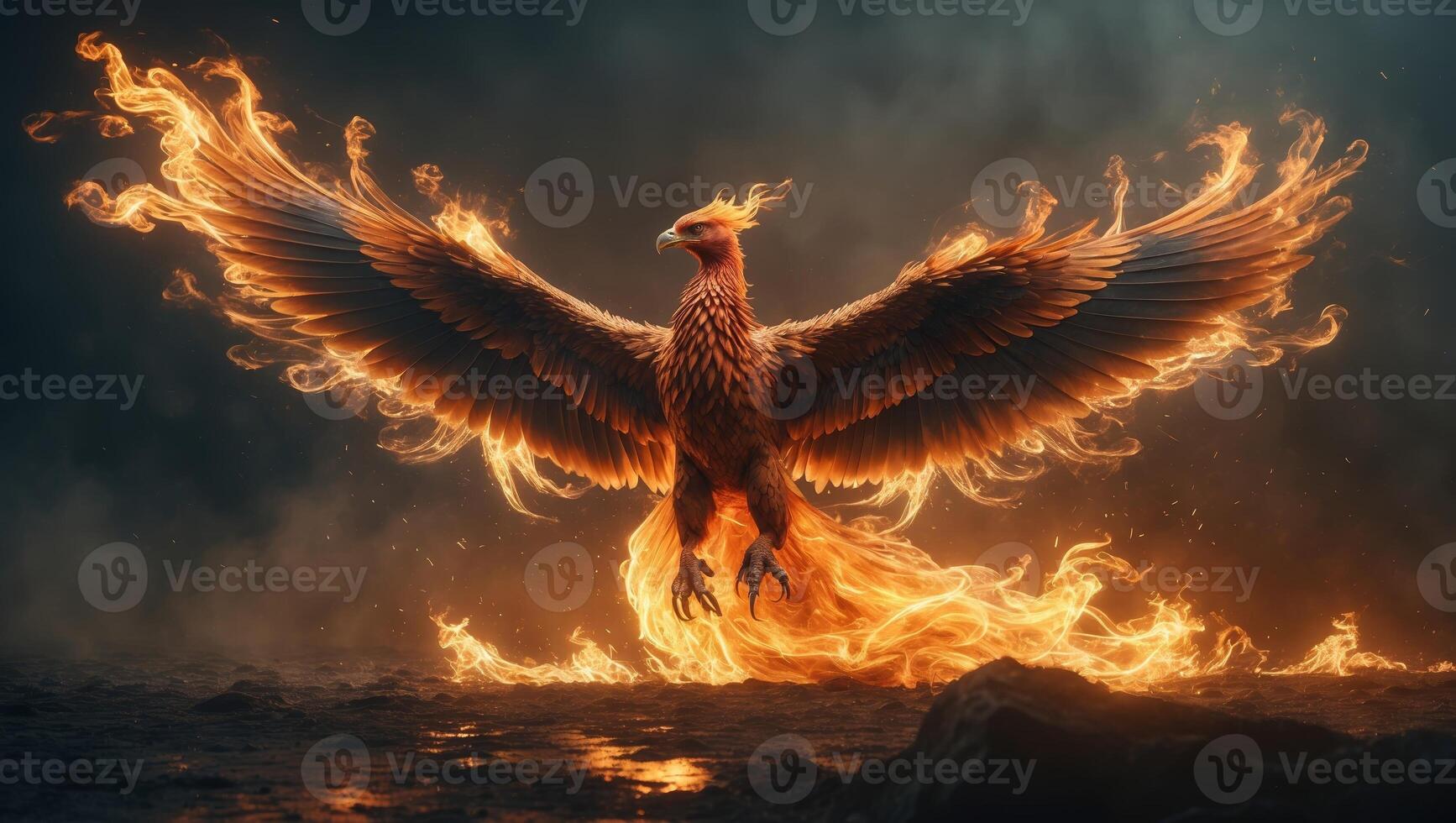 Majestic phoenix rises in flames, symbolizing rebirth and eternal strength against a mystical dark background photo