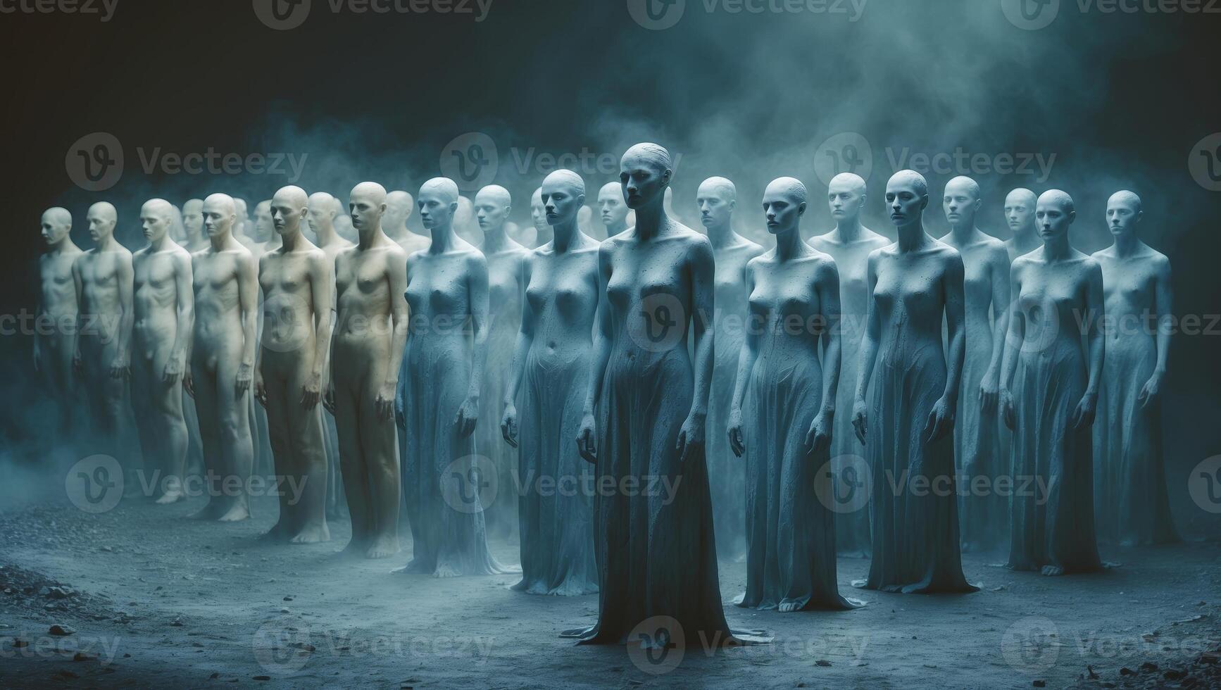 Certain figures in white gowns stand in formation within a misty, dimly lit space at night photo