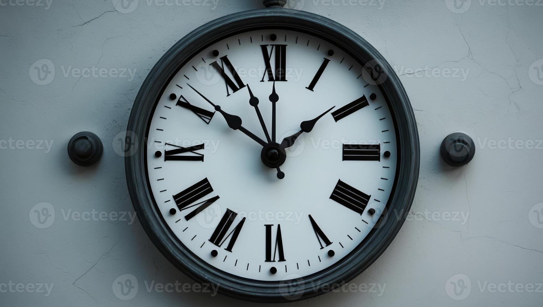 Classic wall clock displaying Roman numerals against a textured wall in soft lighting photo