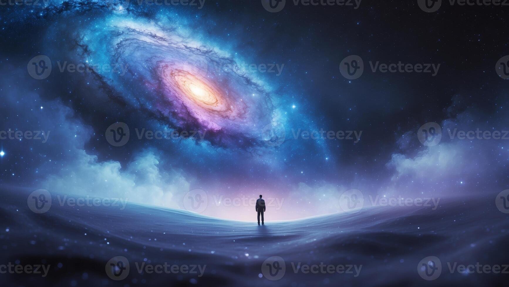 Galactic exploration under a vivid spiral galaxy at night with a lone figure contemplating the cosmos photo