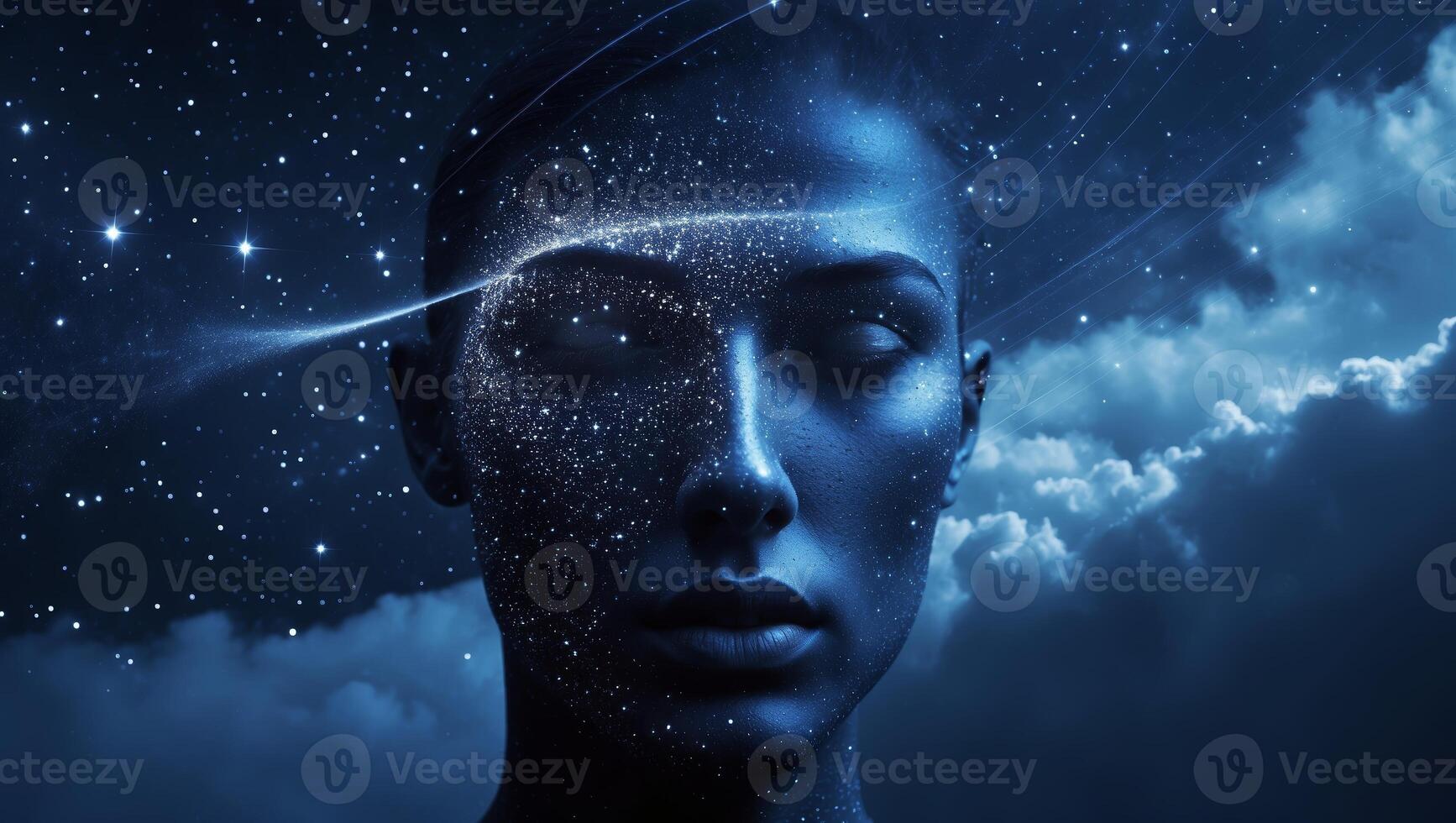 Captivating moment of a person immersed in cosmic dreams surrounded by shimmering stars and vibrant colors photo