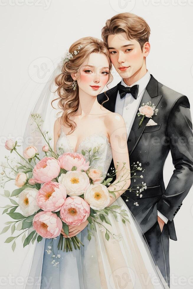 Elegant couple in wedding attire posing with a bouquet of flowers, capturing a moment of love and celebration photo