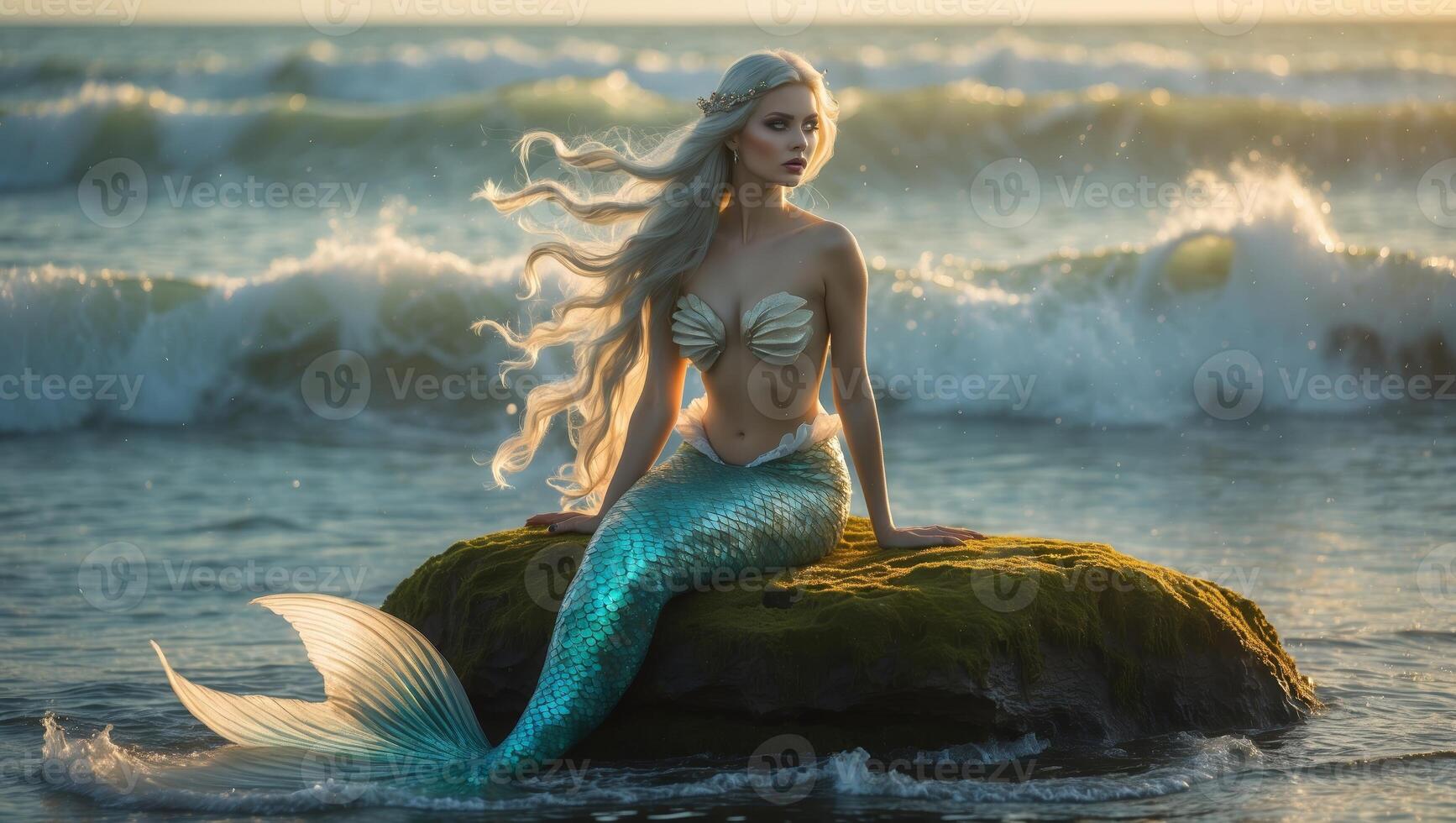 Mermaid resting on a rock by the beach during sunset with gentle waves in a tranquil coastal setting photo