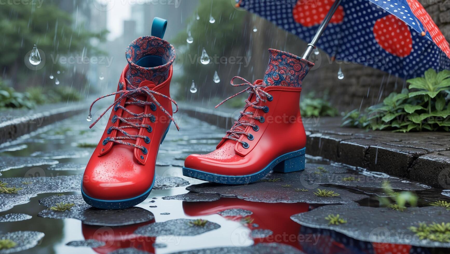 Bright red boots make a fashion statement during a rainy day in the city while holding a polka dot umbrella photo