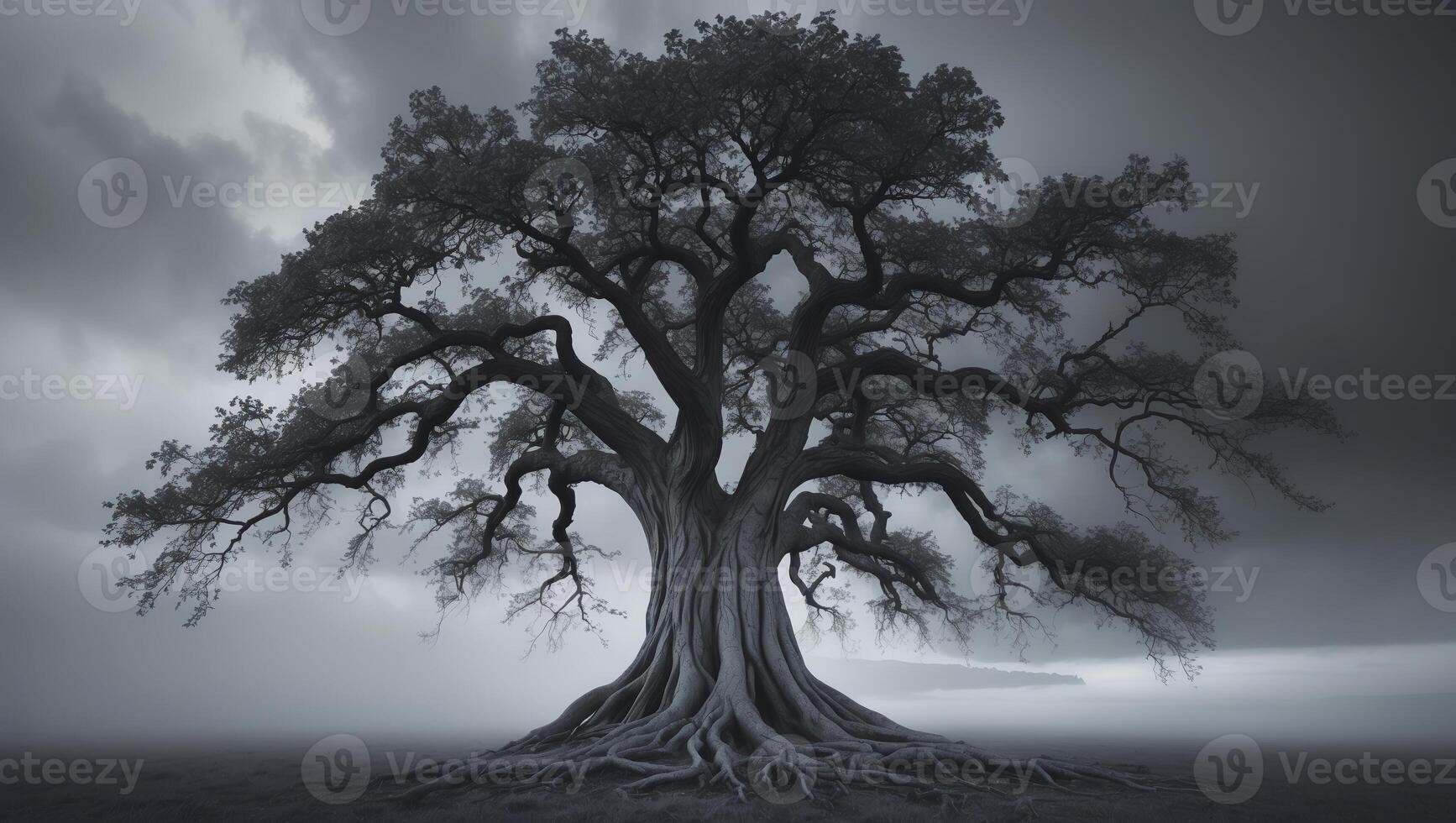 Sunlight filters through misty trees in an enchanting forest at dawn photo