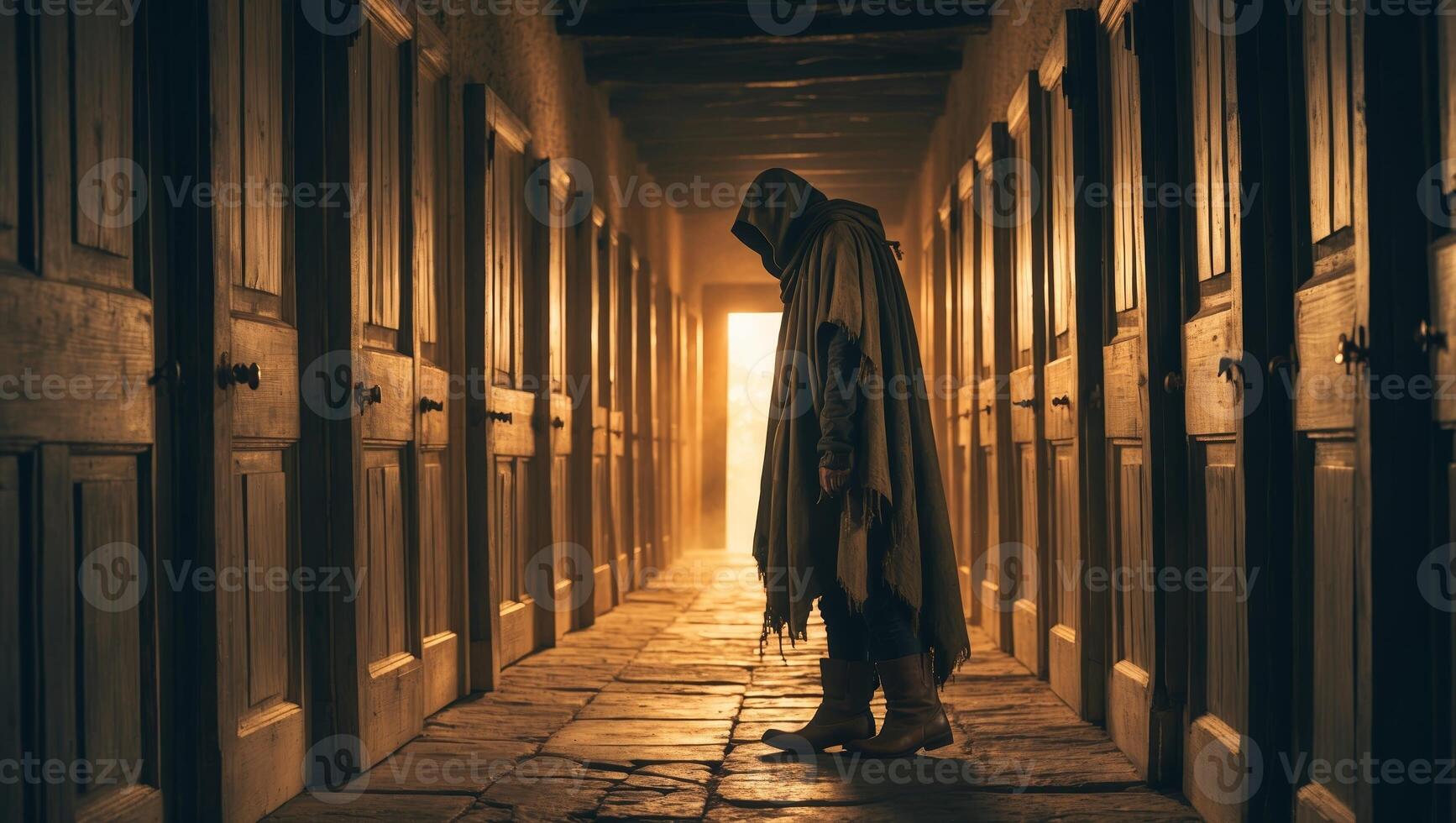 Mysterious figure stands in dimly lit corridor with multiple doors during nighttime photo