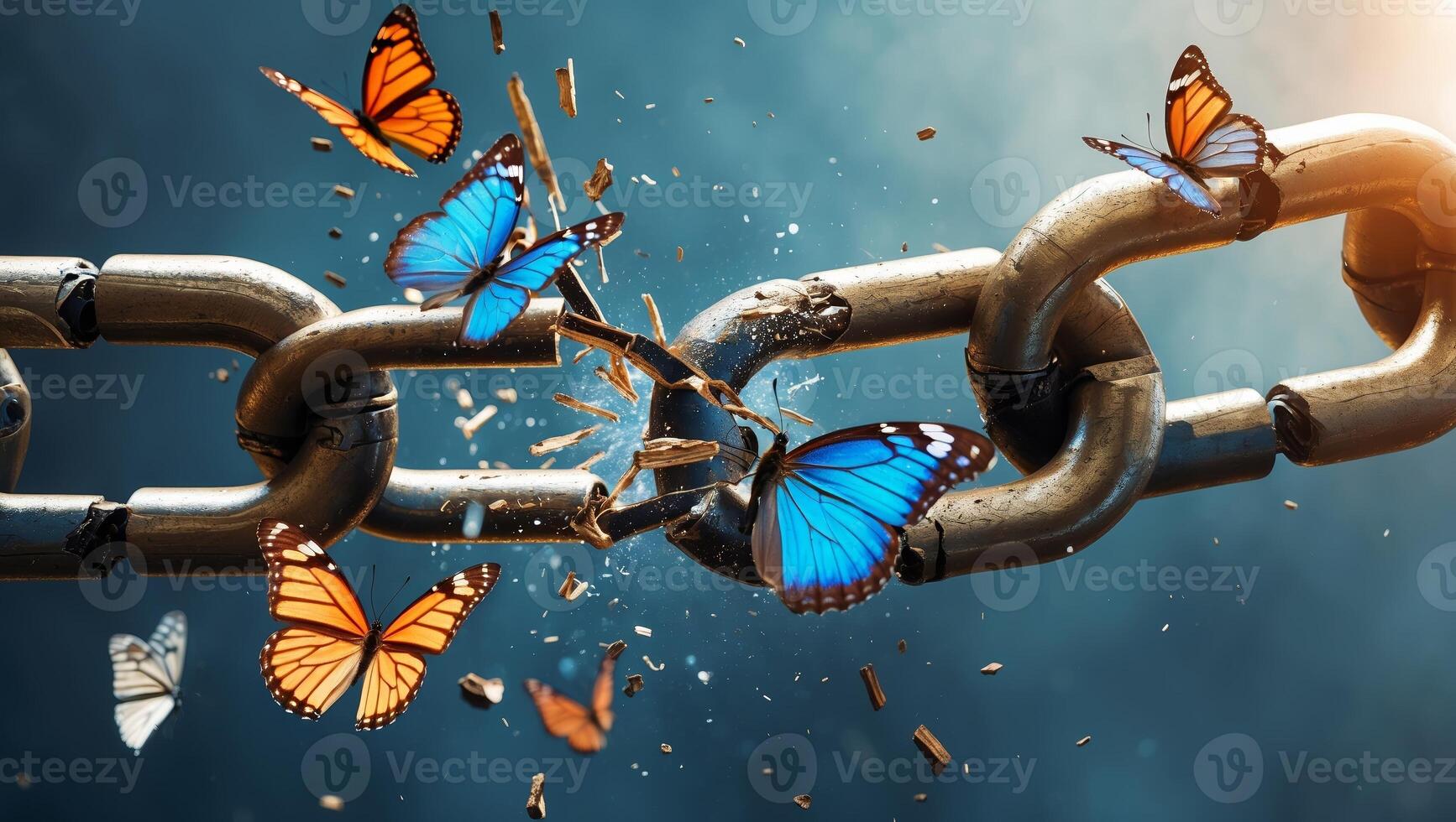 Breaking chains as butterflies emerge in a dark forest environment during twilight hours photo