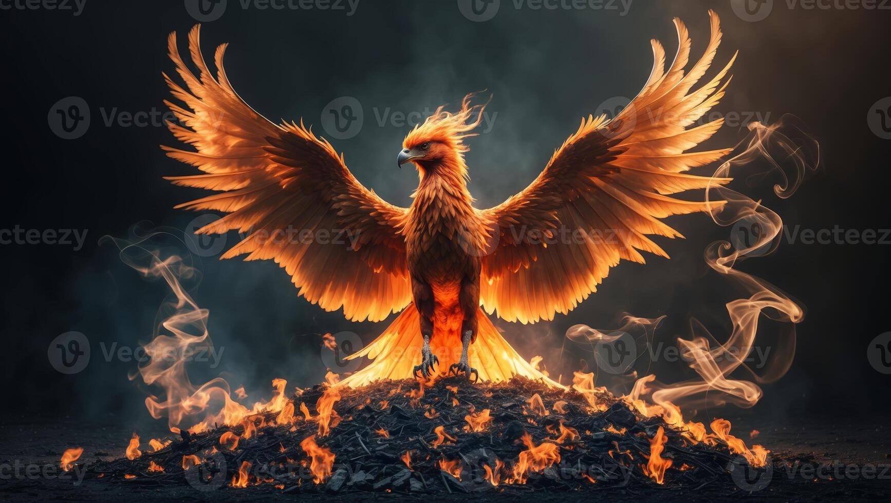 Majestic phoenix rises in flames, symbolizing rebirth and eternal strength against a mystical dark background photo