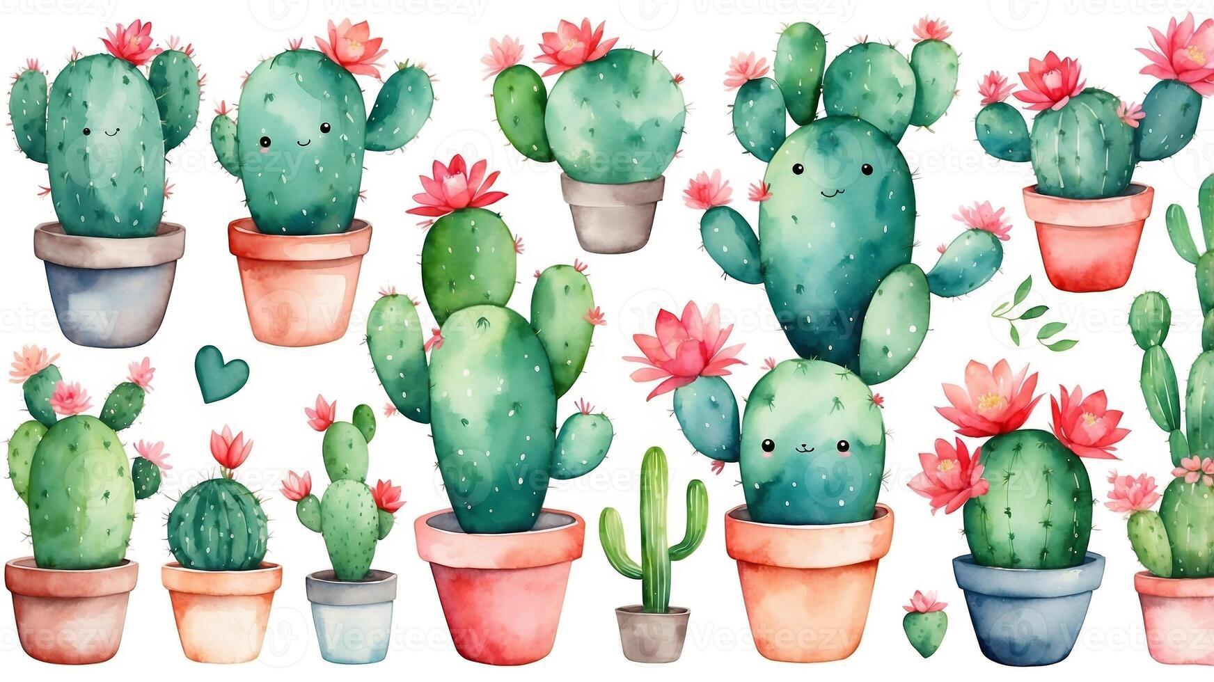 Colorful cactus arrangement featuring various species and vibrant flowers in pots during daylight photo