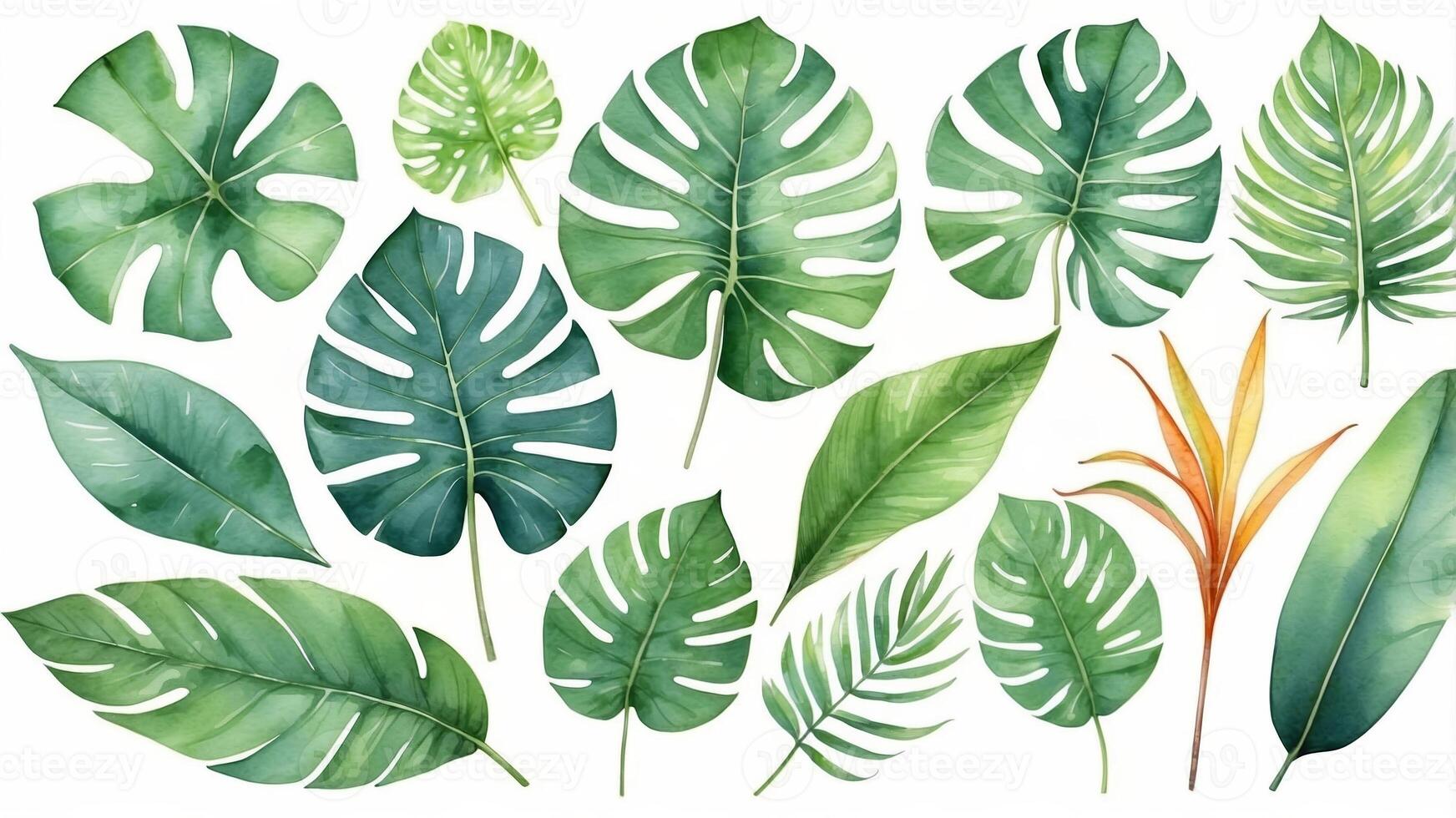 Collection of various tropical leaves arranged artistically on a white background photo