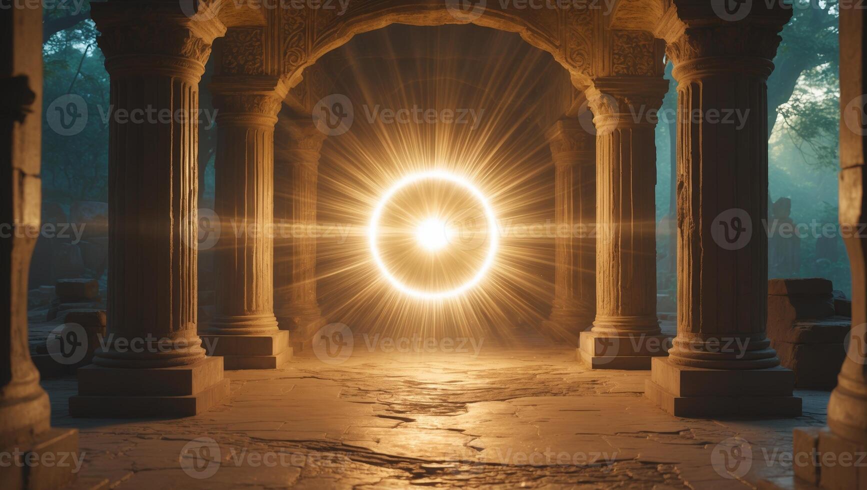 Mysterious glowing orb illuminates ancient stone structure in a sunlit forest setting photo