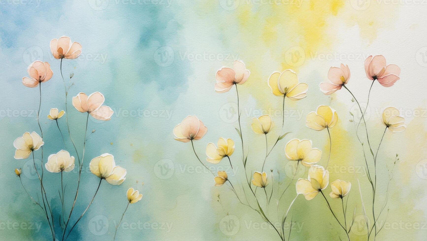 Delicate watercolor painting of flowers blossoming in soft pastel colors on a serene background photo