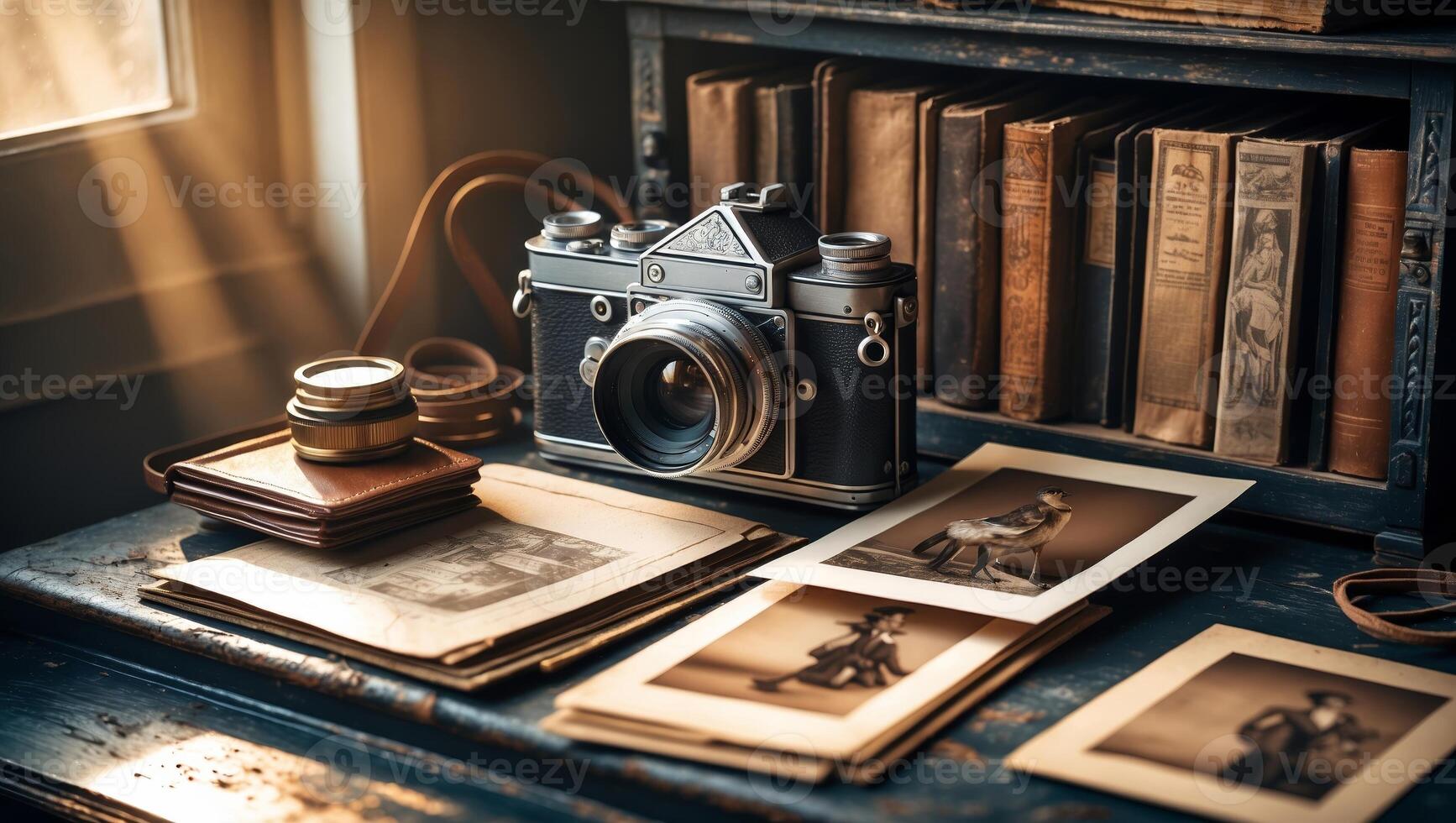Vintage camera on a desk surrounded by old photographs and books in a warm, inviting room photo