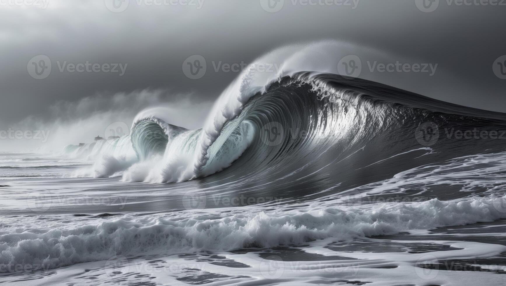Powerful ocean waves crashing against the shore at sunrise, creating stunning patterns in black and white photo