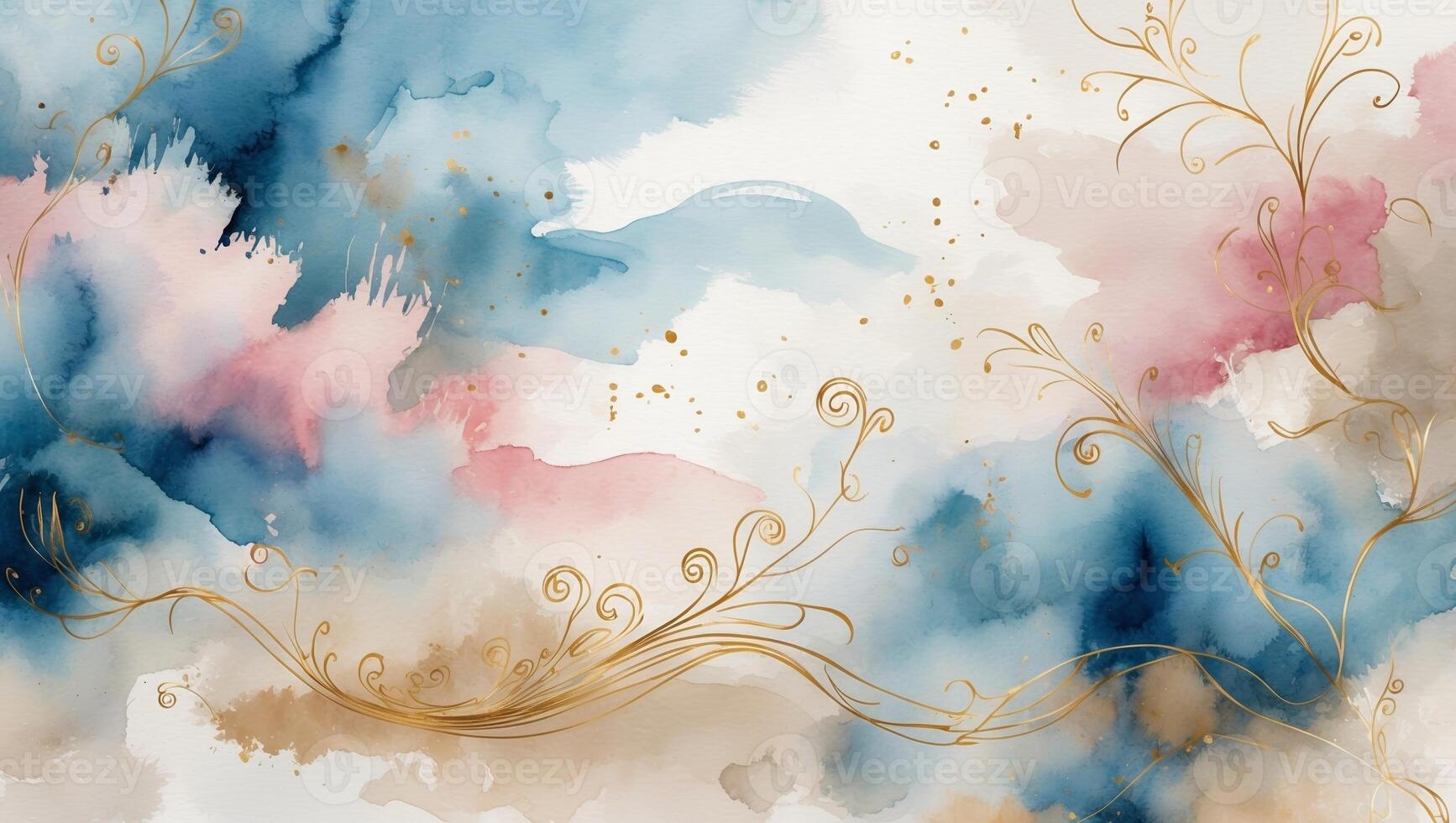 Abstract watercolor artwork featuring soft blue and pink hues with elegant gold accents photo