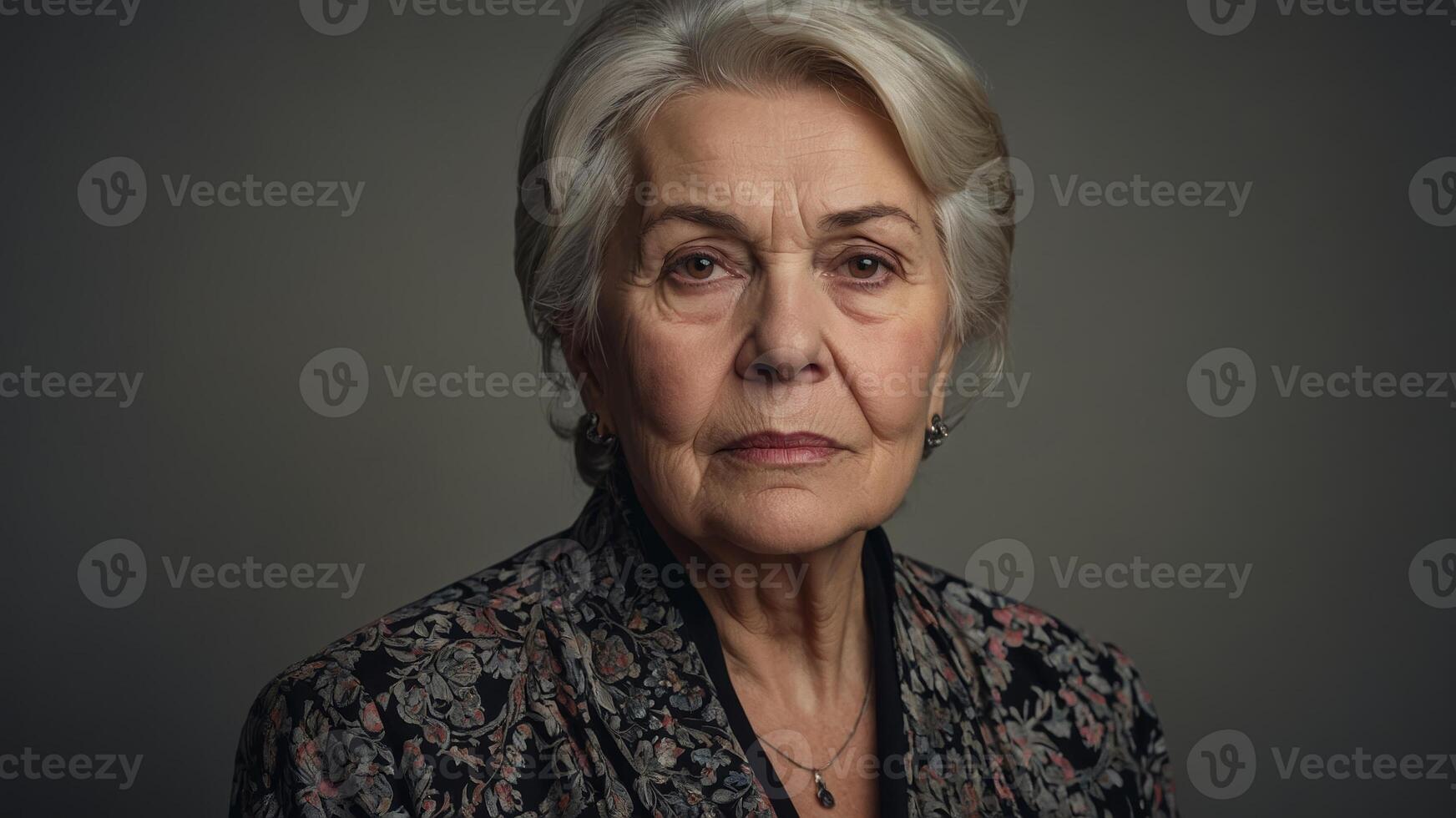 Elderly woman with serene expression in classic attire against neutral background in a close-up portrait photo