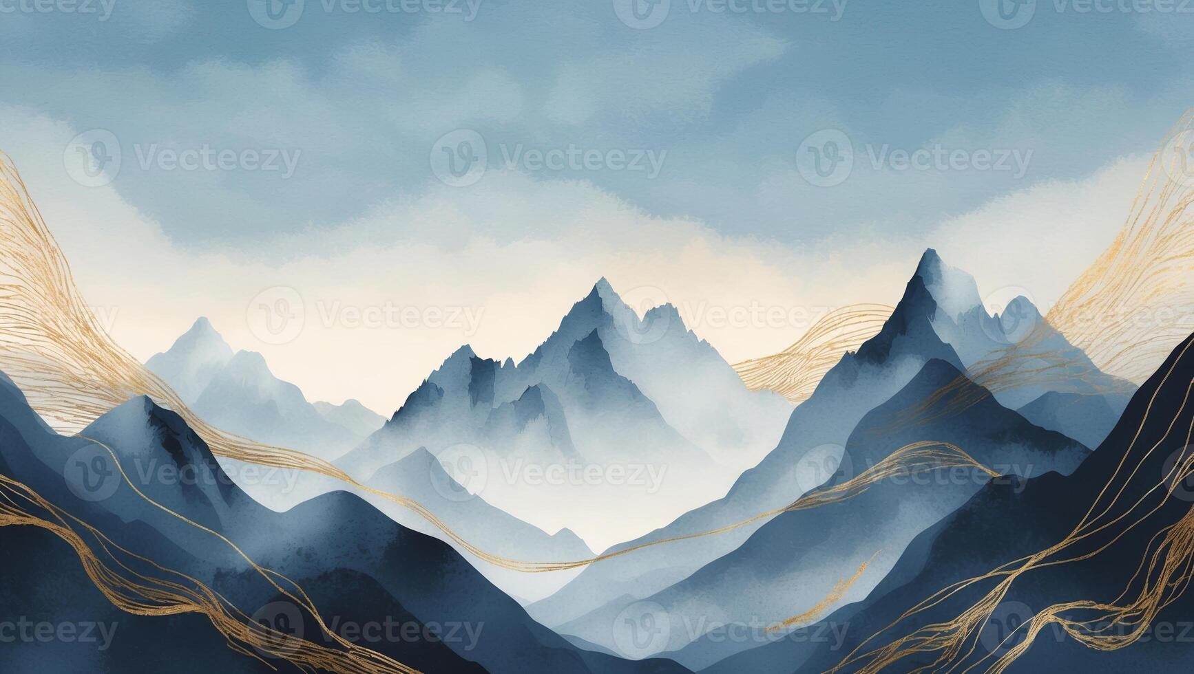 Mountain landscape with mist and soft colors in a serene atmosphere during twilight hours photo