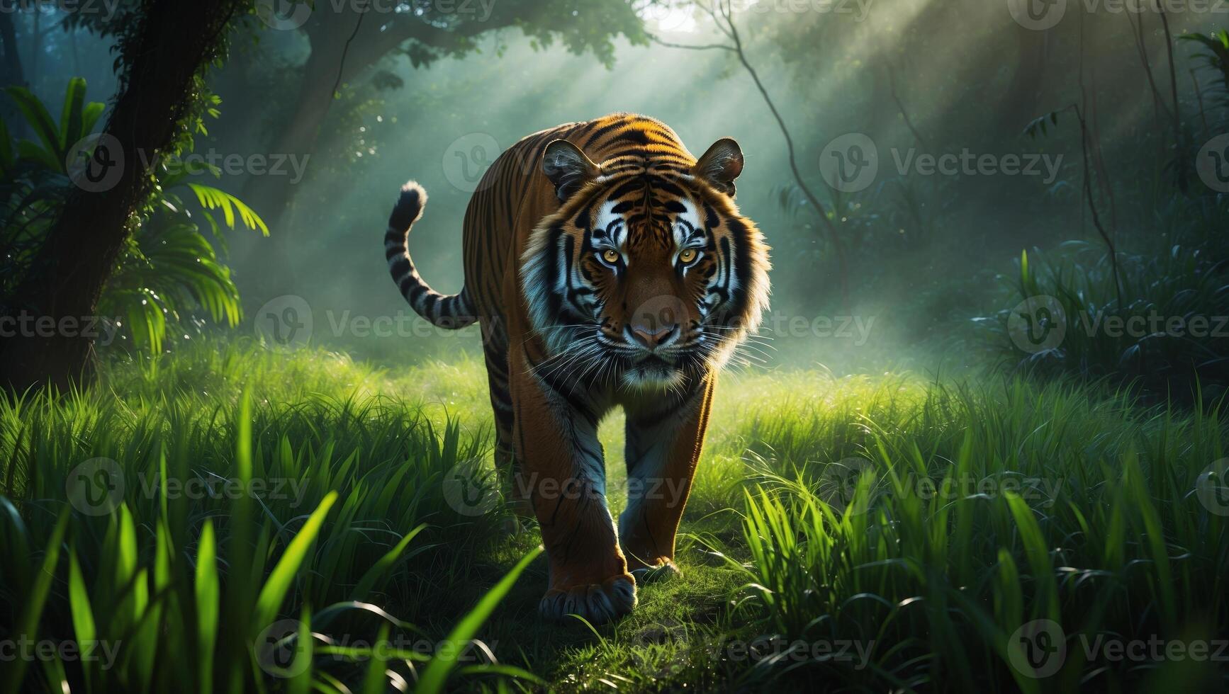 Majestic tiger walking through dense jungle under soft sunlight at dawn photo