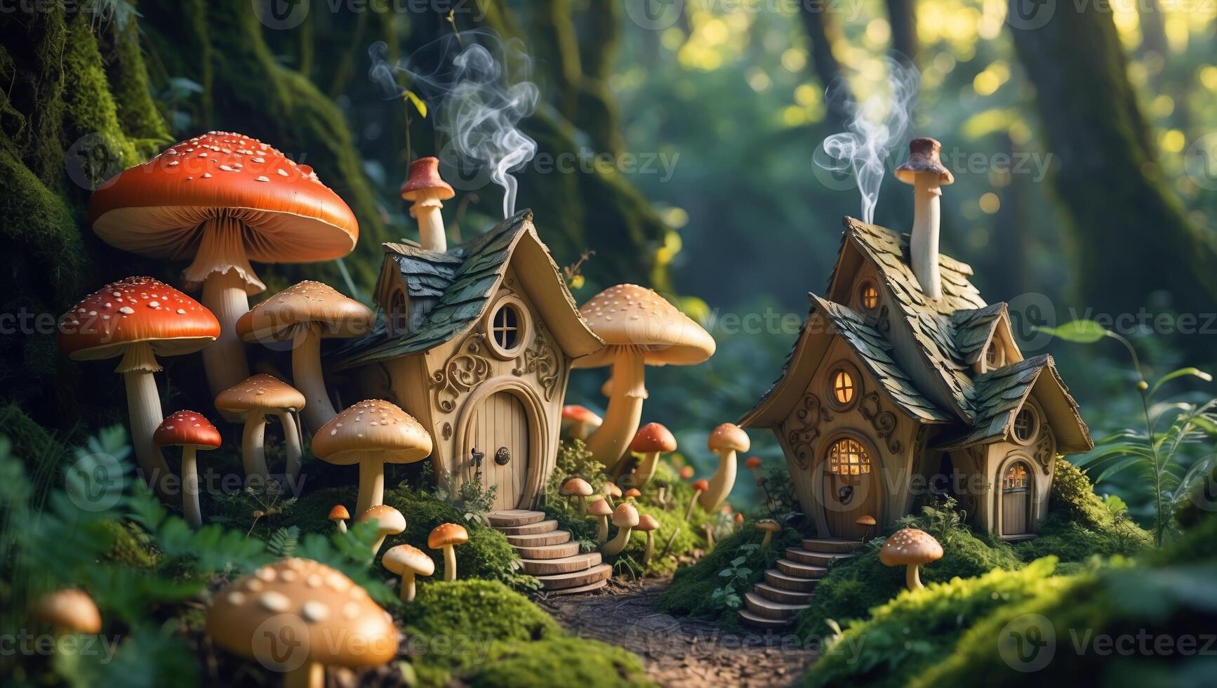 Whimsical fairy tale village nestled among giant mushrooms and misty trees in a lush forest at dawn photo
