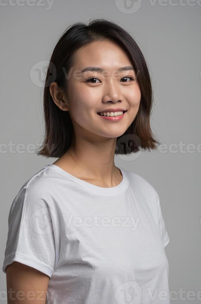 Smiling young woman with short hair wearing a white t-shirt against a light gray background in a studio setting photo