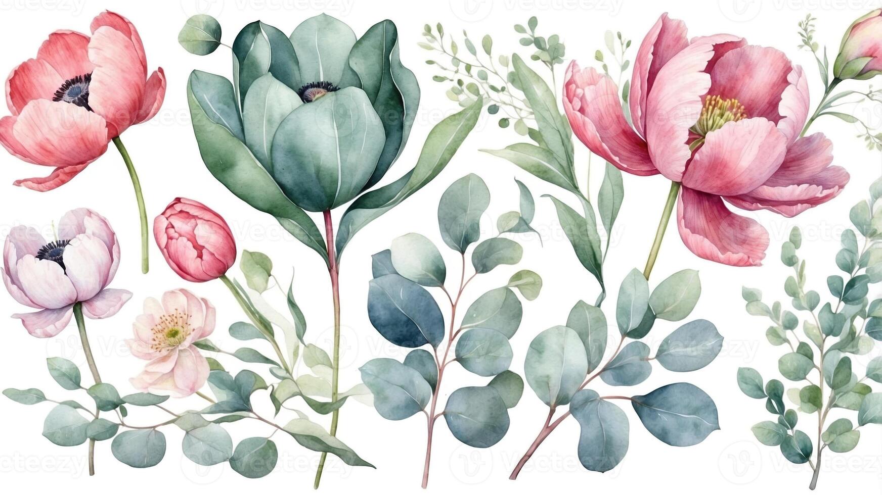 Colorful watercolor floral arrangement with various blooms and foliage in a harmonious design photo