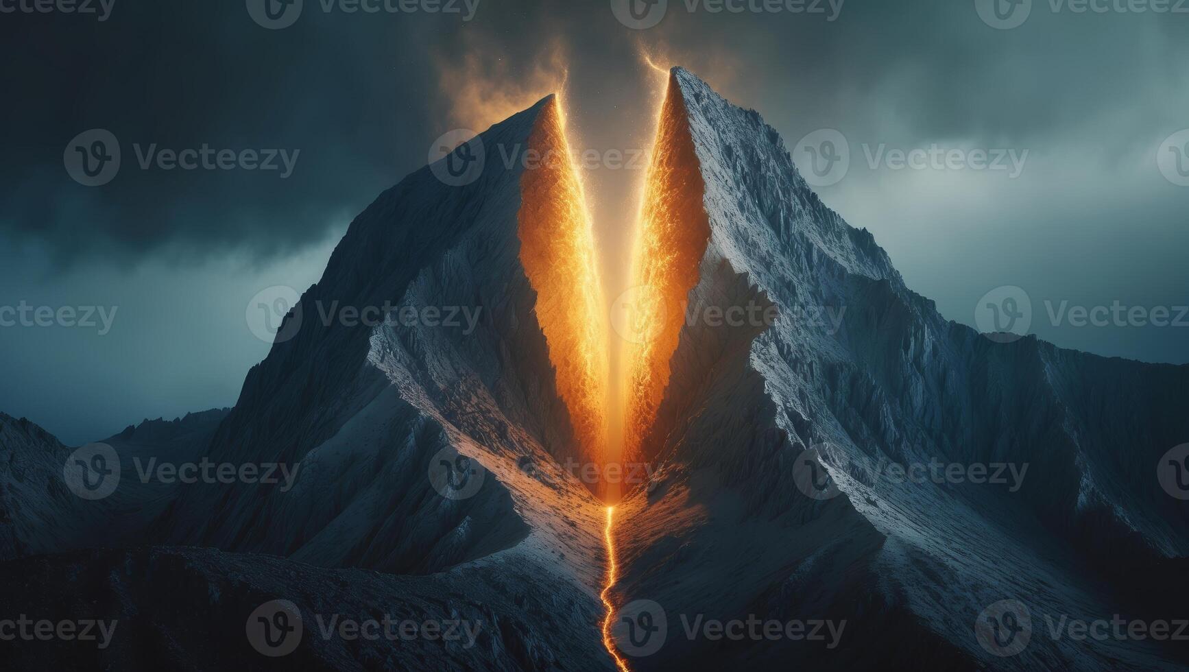 Erupting mountain reveals molten lava flow during twilight under cloudy sky photo