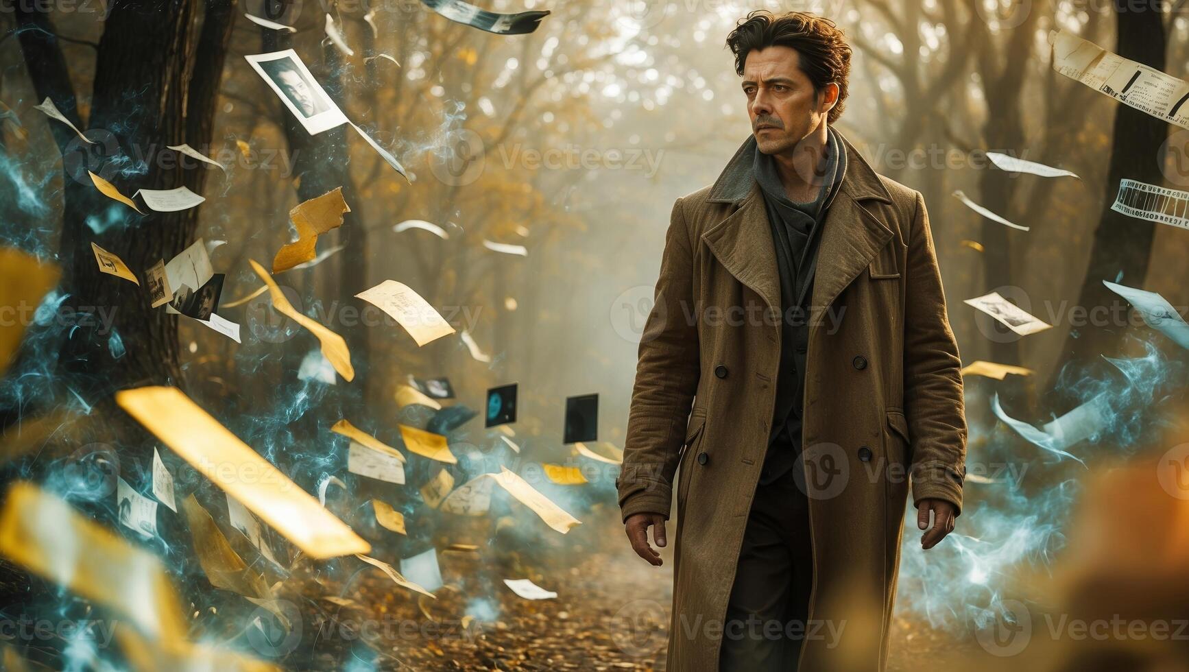 Mysterious figure walks through a forest as floating images surround him during autumn photo