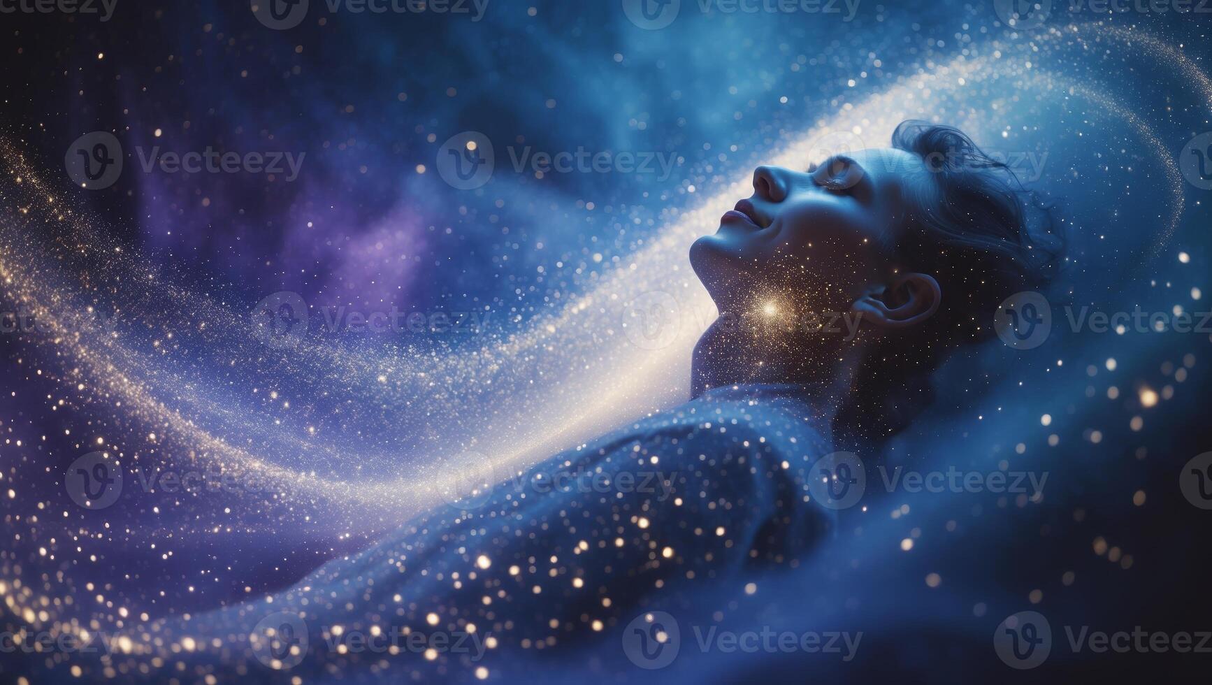 Captivating moment of a person immersed in cosmic dreams surrounded by shimmering stars and vibrant colors photo