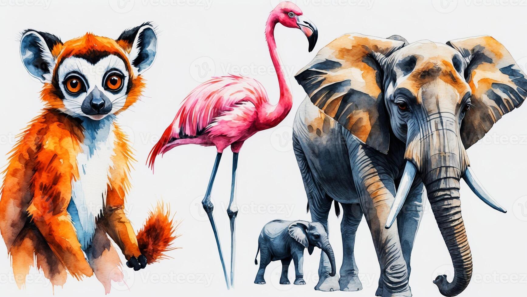 Colorful watercolor illustrations of a lemur, flamingo, and elephant showcasing wildlife art photo