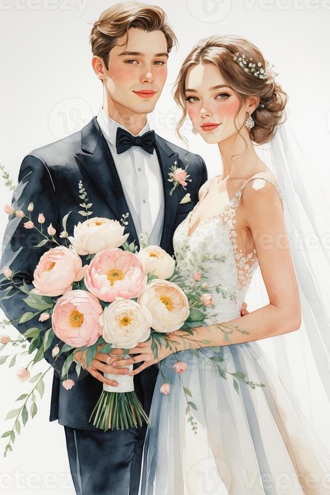 Couple celebrates romantic wedding day in elegant attire with beautiful flowers in hand photo