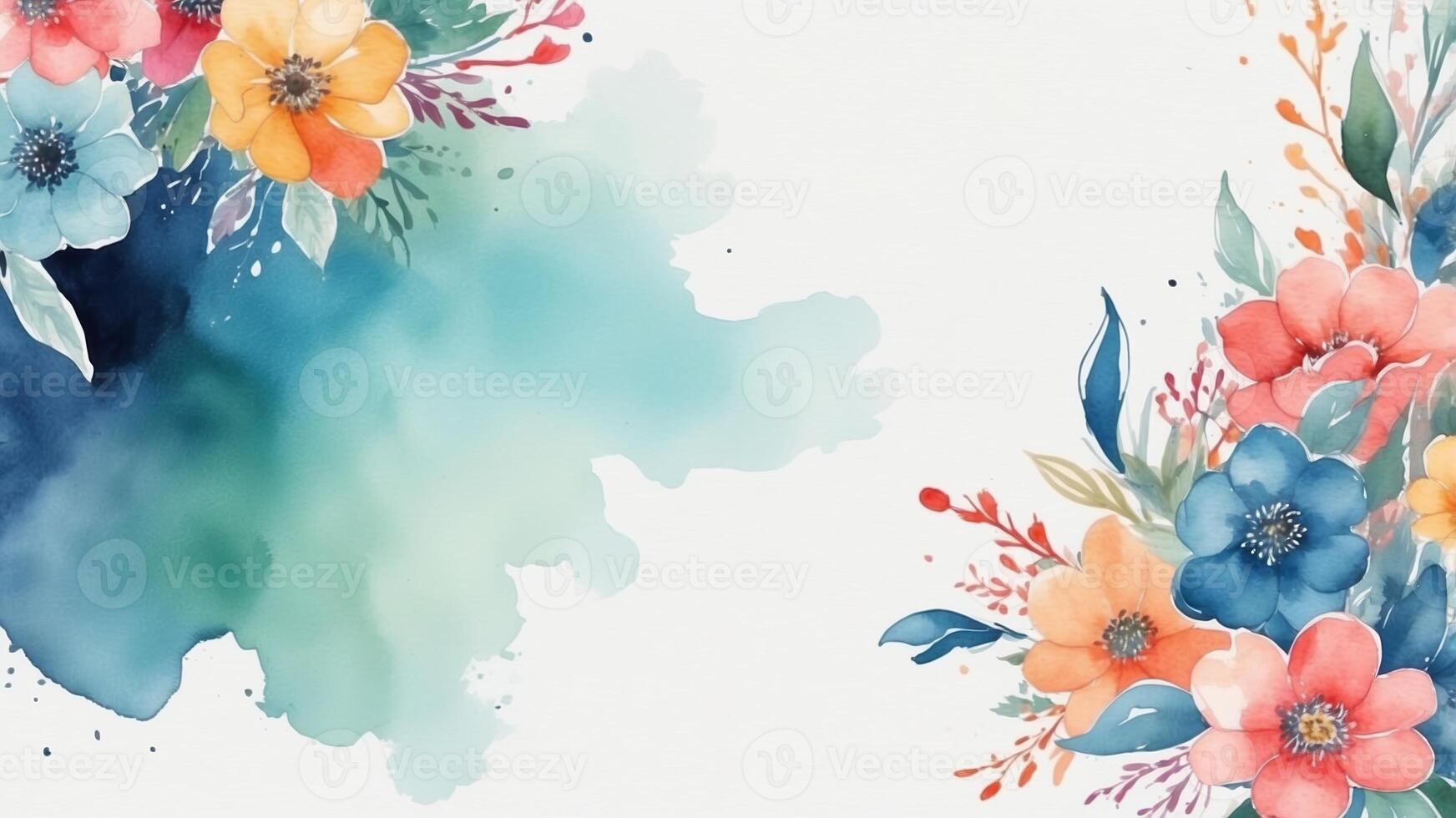 Vibrant watercolor floral design with soft blue and pastel flowers on a light background photo