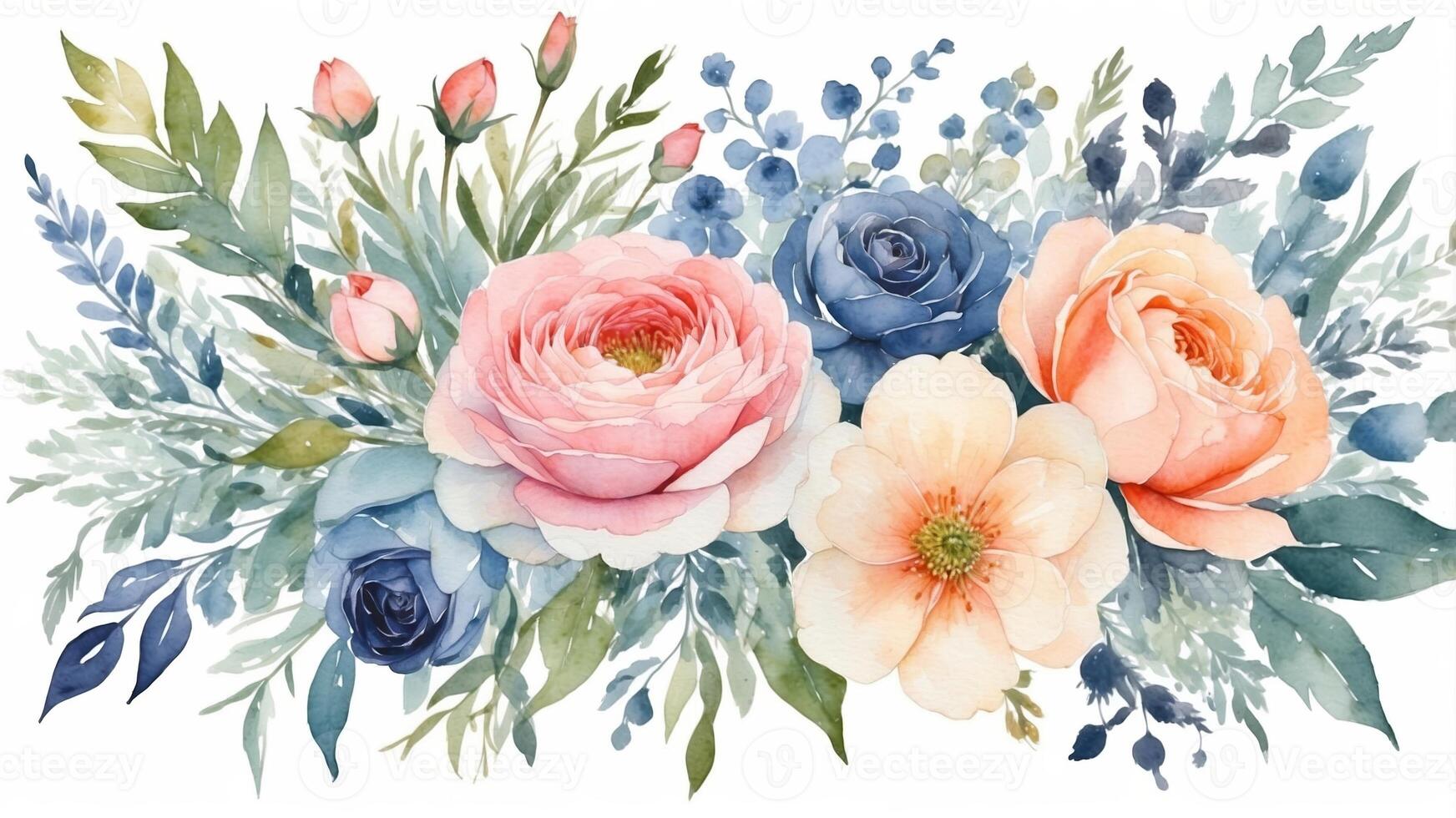 Beautiful watercolor floral arrangement featuring roses, peonies, and greenery in soft pastel colors photo