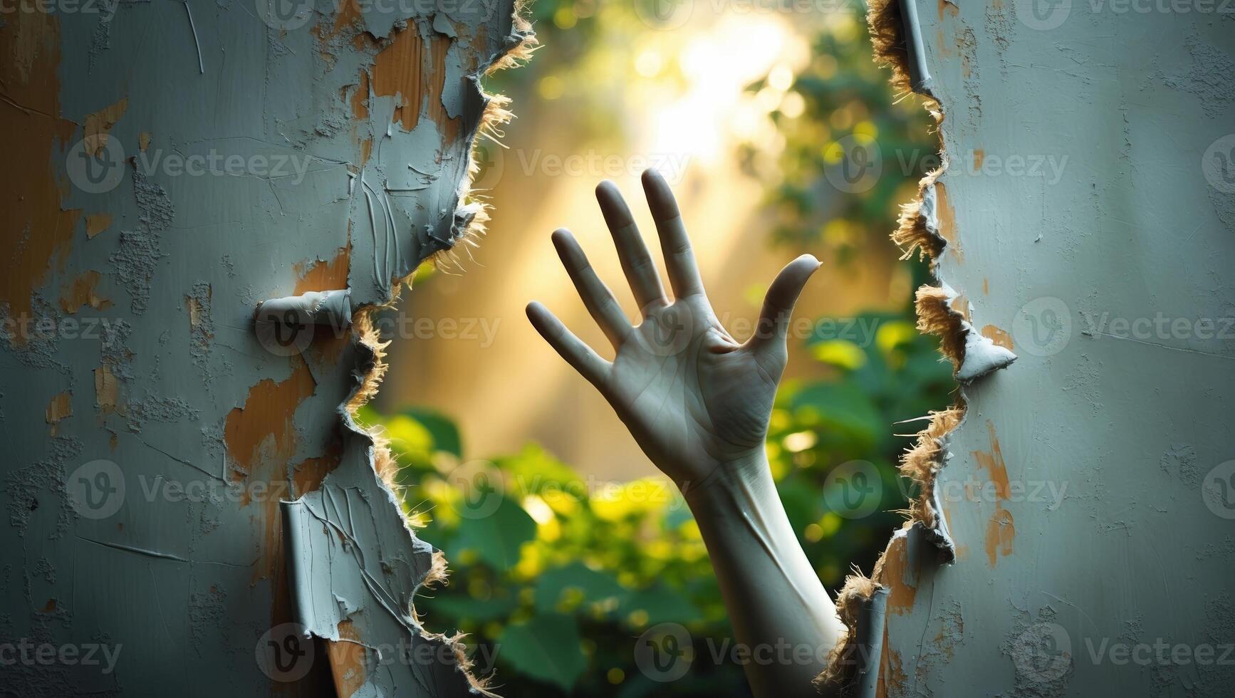 Hand reaching through a hole in a wall, illuminated by soft sunlight in a captivating natural setting photo