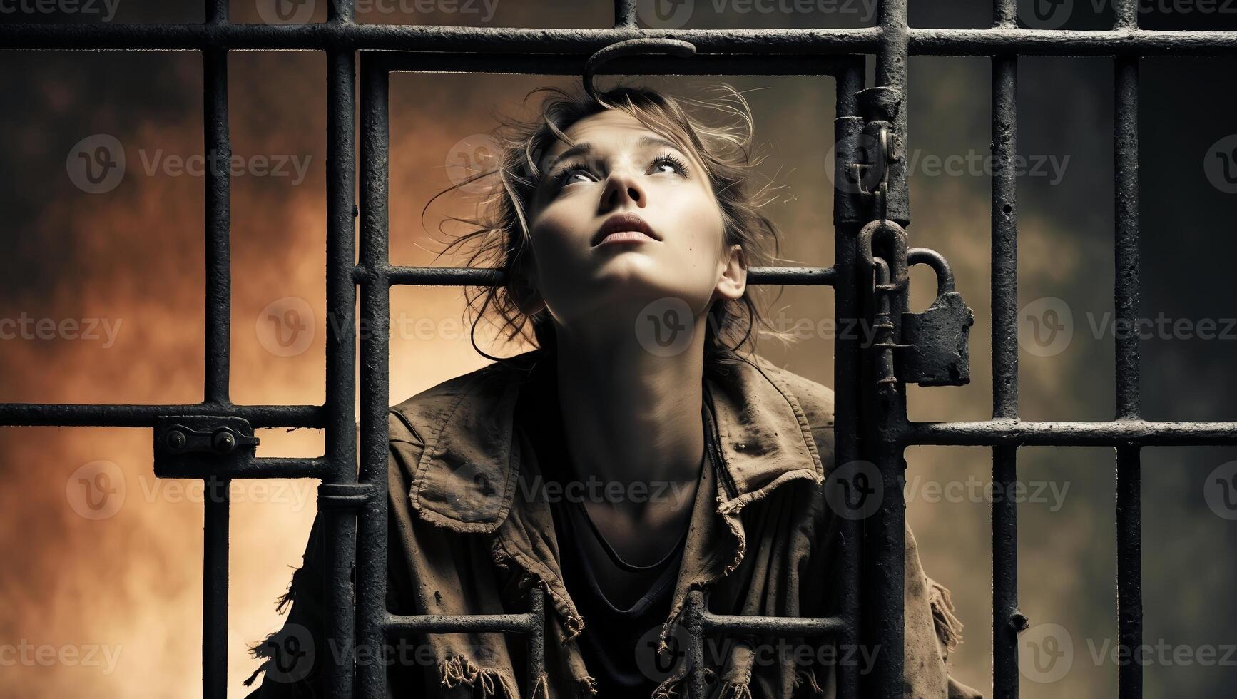 Woman looking upward from behind prison bars in a dark and intense setting photo