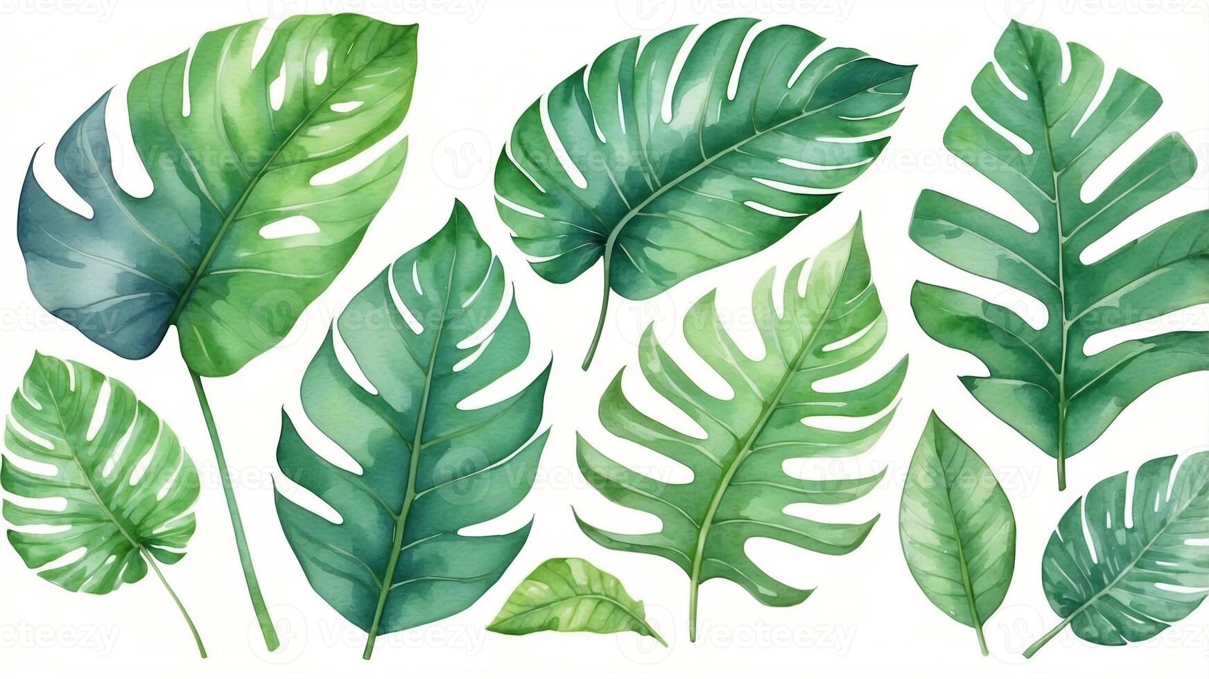 Collection of tropical green leaves with various shapes and sizes arranged artistically against a white background photo