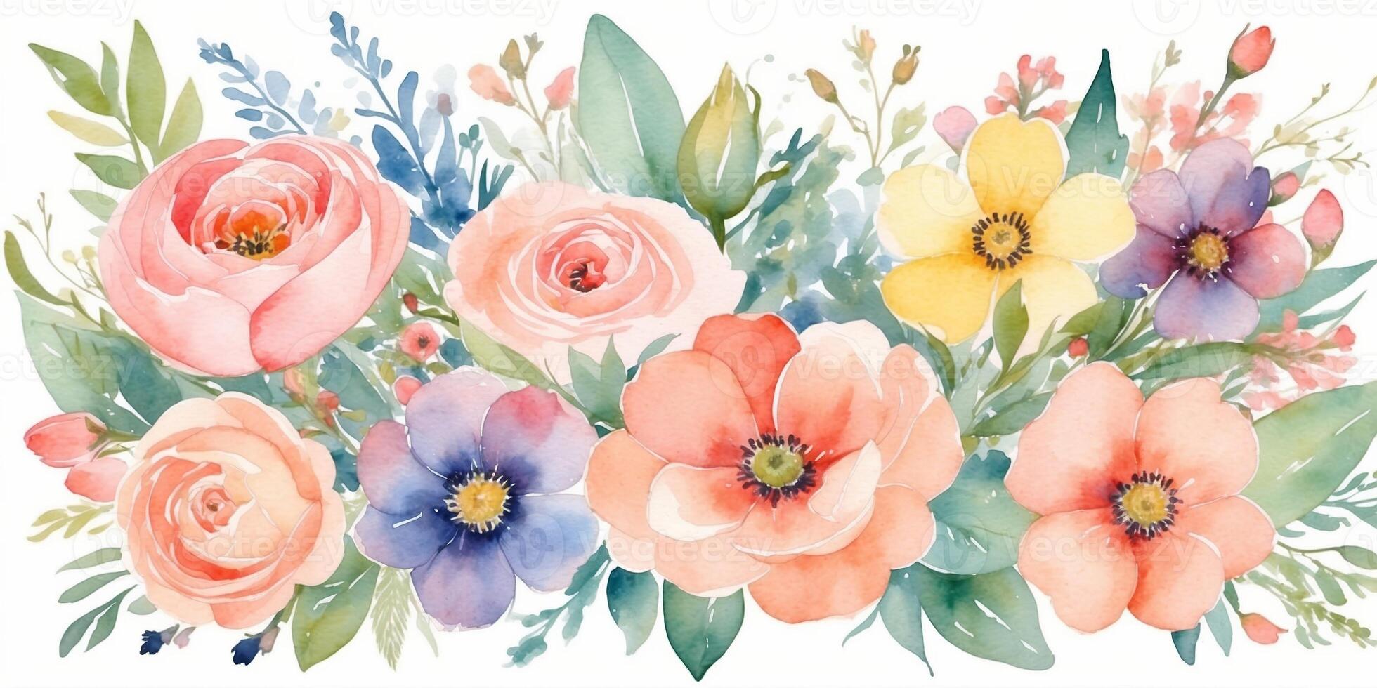 Colorful watercolor floral arrangement featuring roses, poppies, and daisies on a white background photo