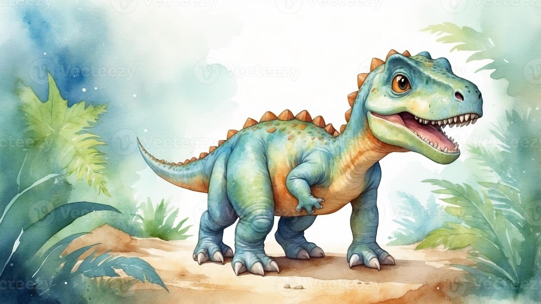 Colorful dinosaur standing on a path surrounded by ferns in a whimsical nature setting photo