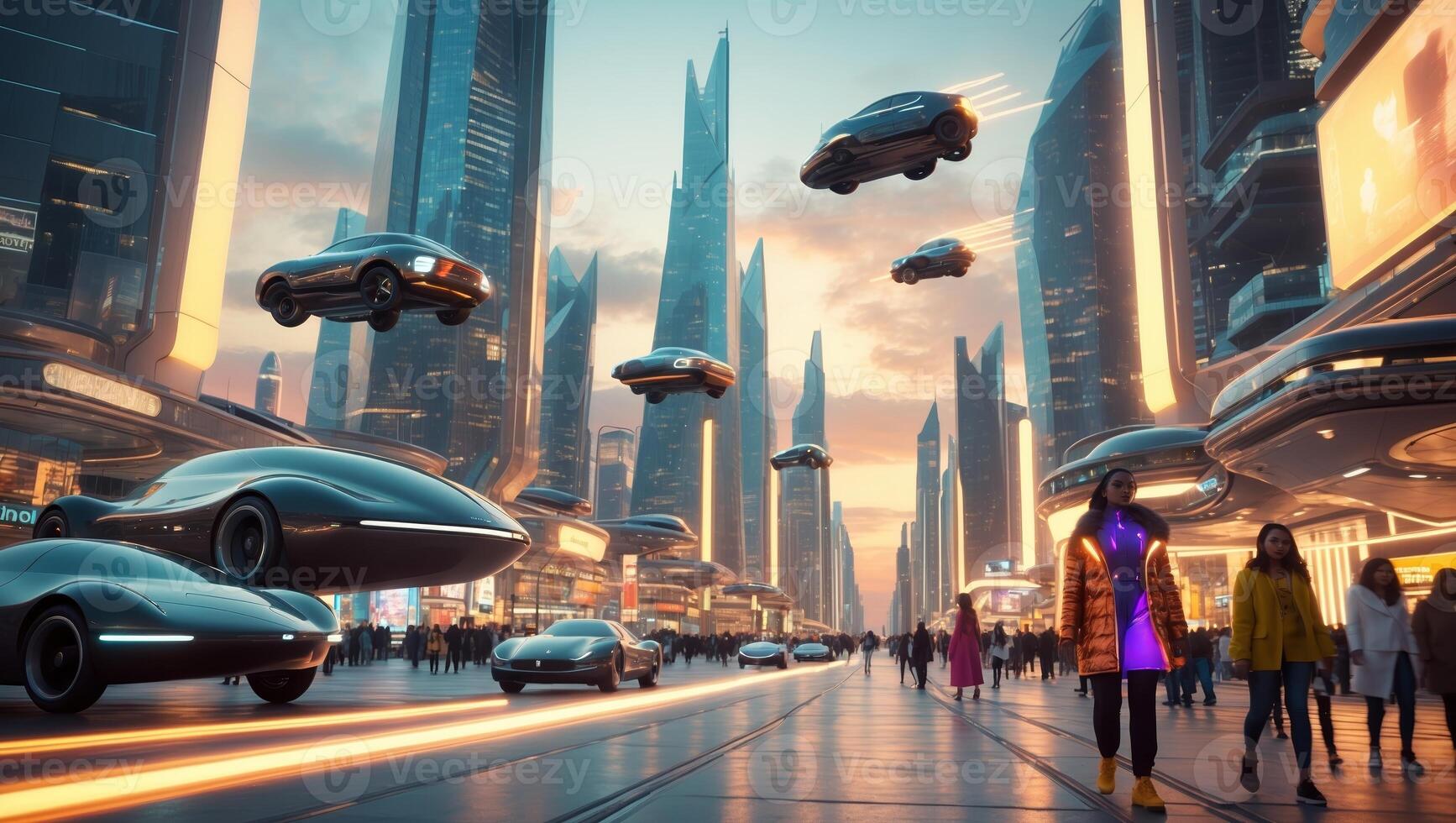 Futuristic urban landscape featuring hovering cars and pedestrians during sunset photo