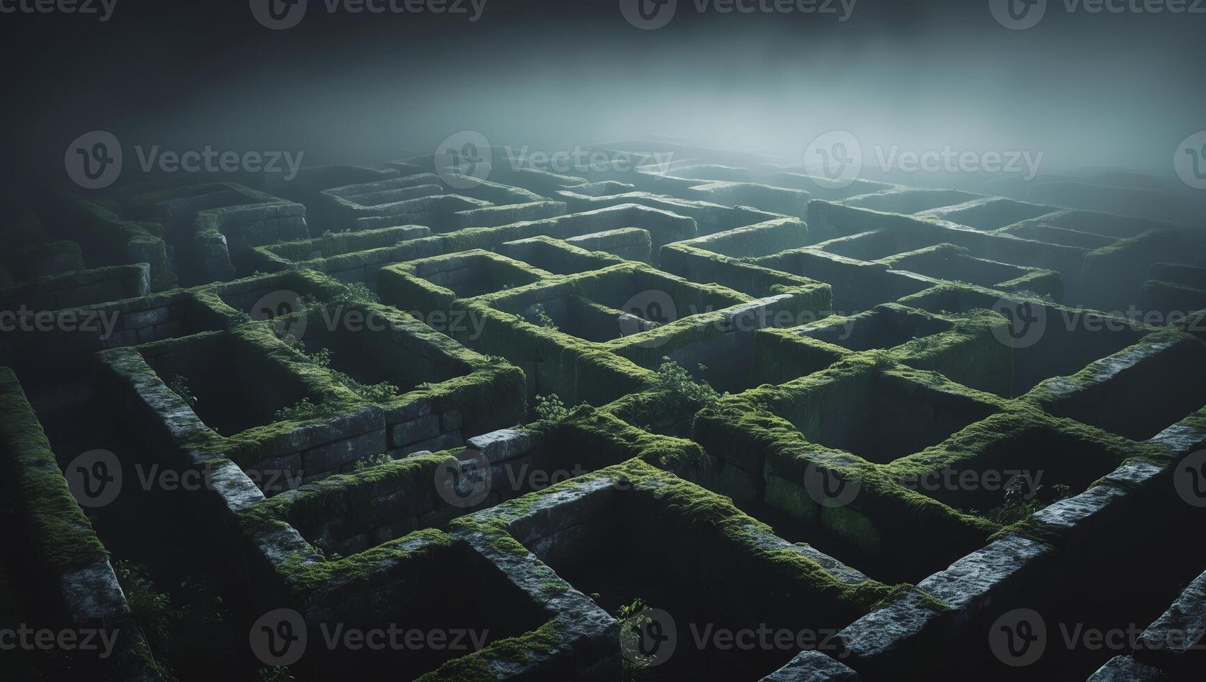 Mysterious labyrinth covered in moss illuminated by fog in twilight photo