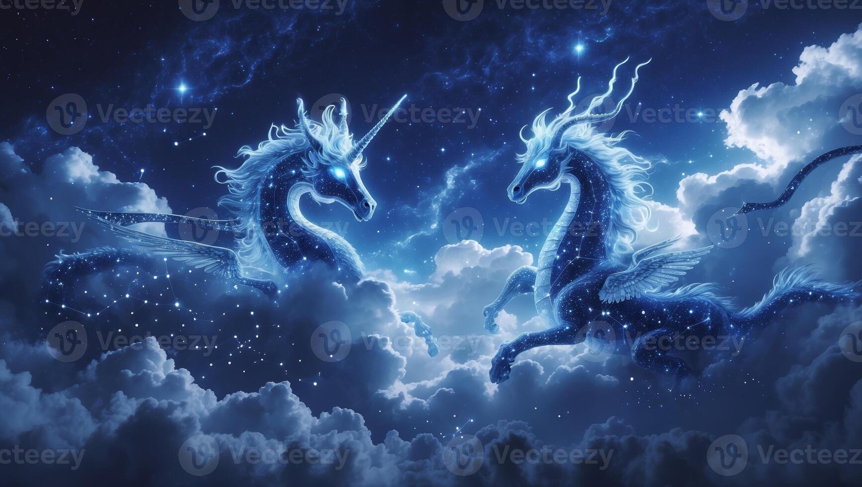 Majestic unicorns engage in a celestial duel among shimmering clouds during a moonlit night photo