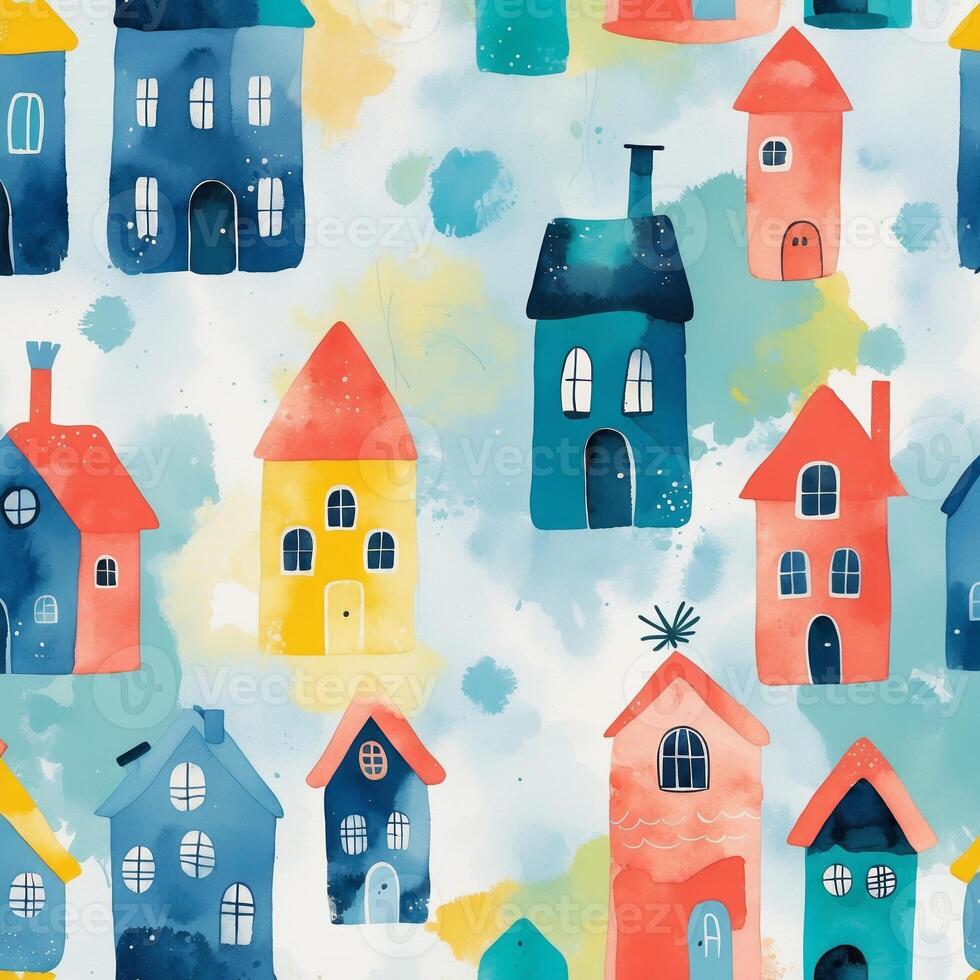 Colorful abstract patterns of whimsical houses in a vibrant, playful design for creative projects photo