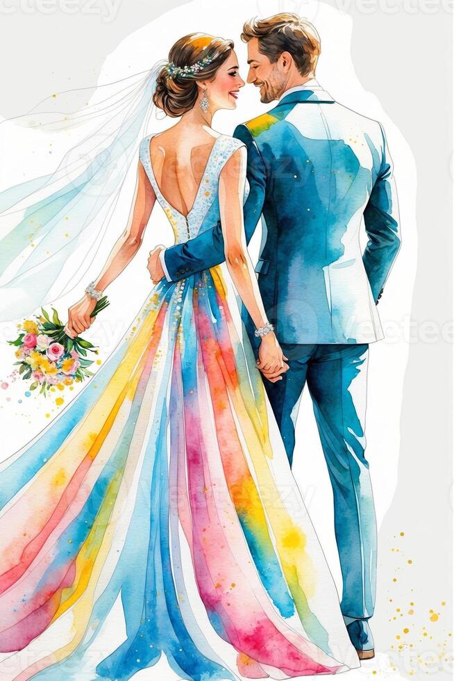 Elegant couple celebrates their wedding in a watercolor style with vibrant colors and a beautiful bouquet photo