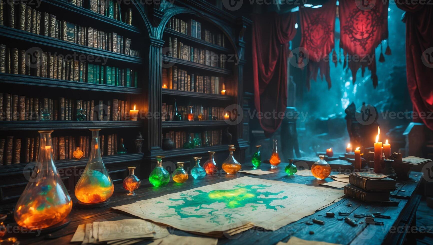 Mysterious alchemy lab filled with colorful potions and ancient books in a dimly lit space photo