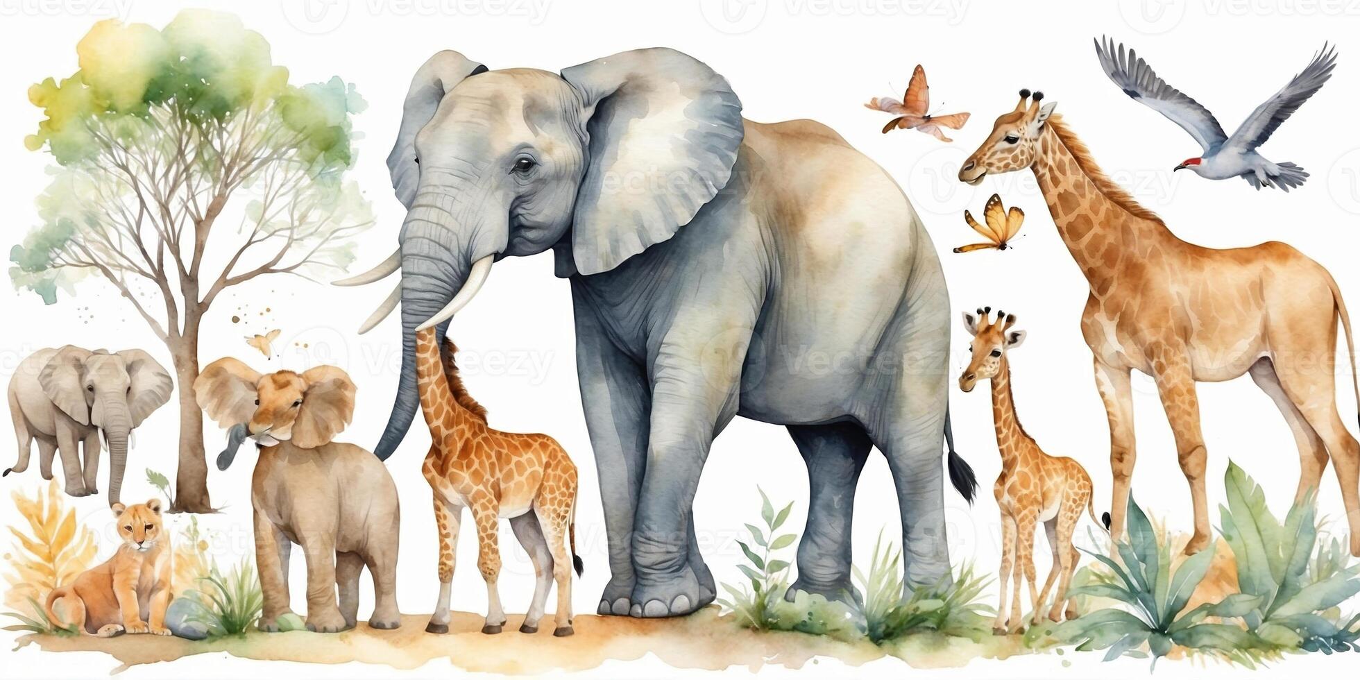 Wildlife collage featuring elephants, giraffes, and lions in a natural habitat with birds flying above in a vibrant landscape photo