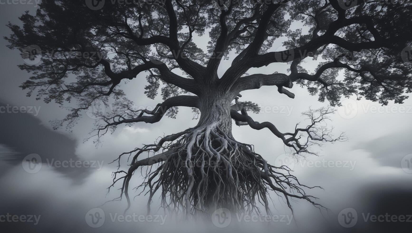 Majestic tree stands tall with intricate roots amidst a misty landscape at dusk photo