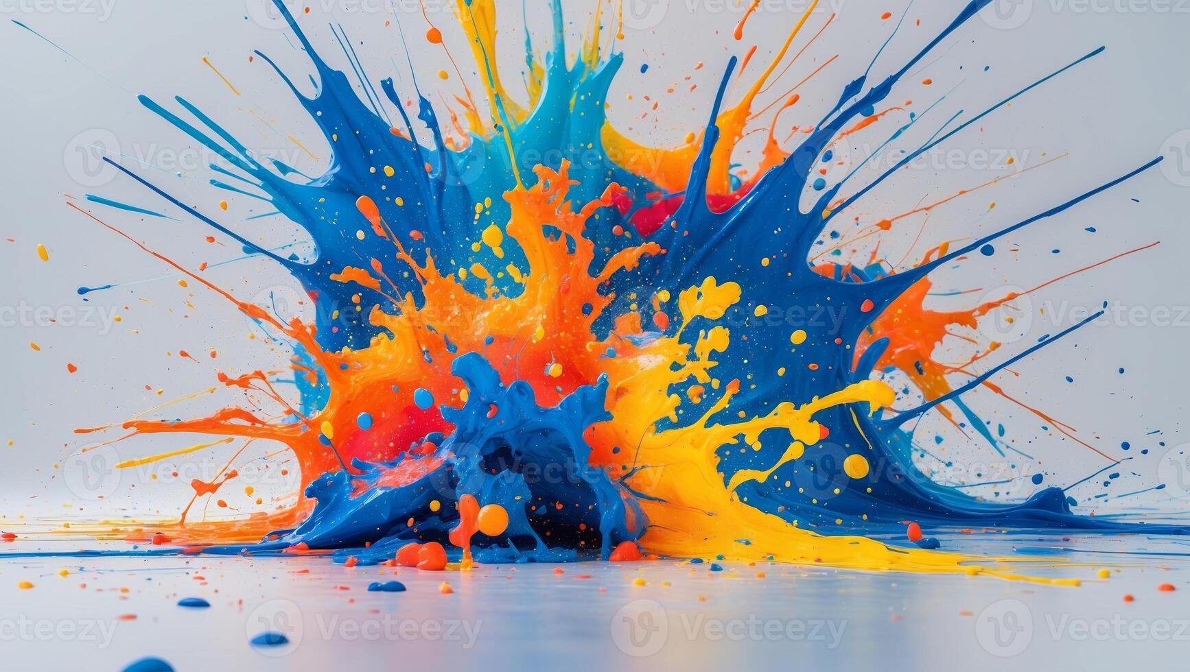 Colorful explosion of paint creates a vibrant splash on a smooth surface in a creative art setting photo