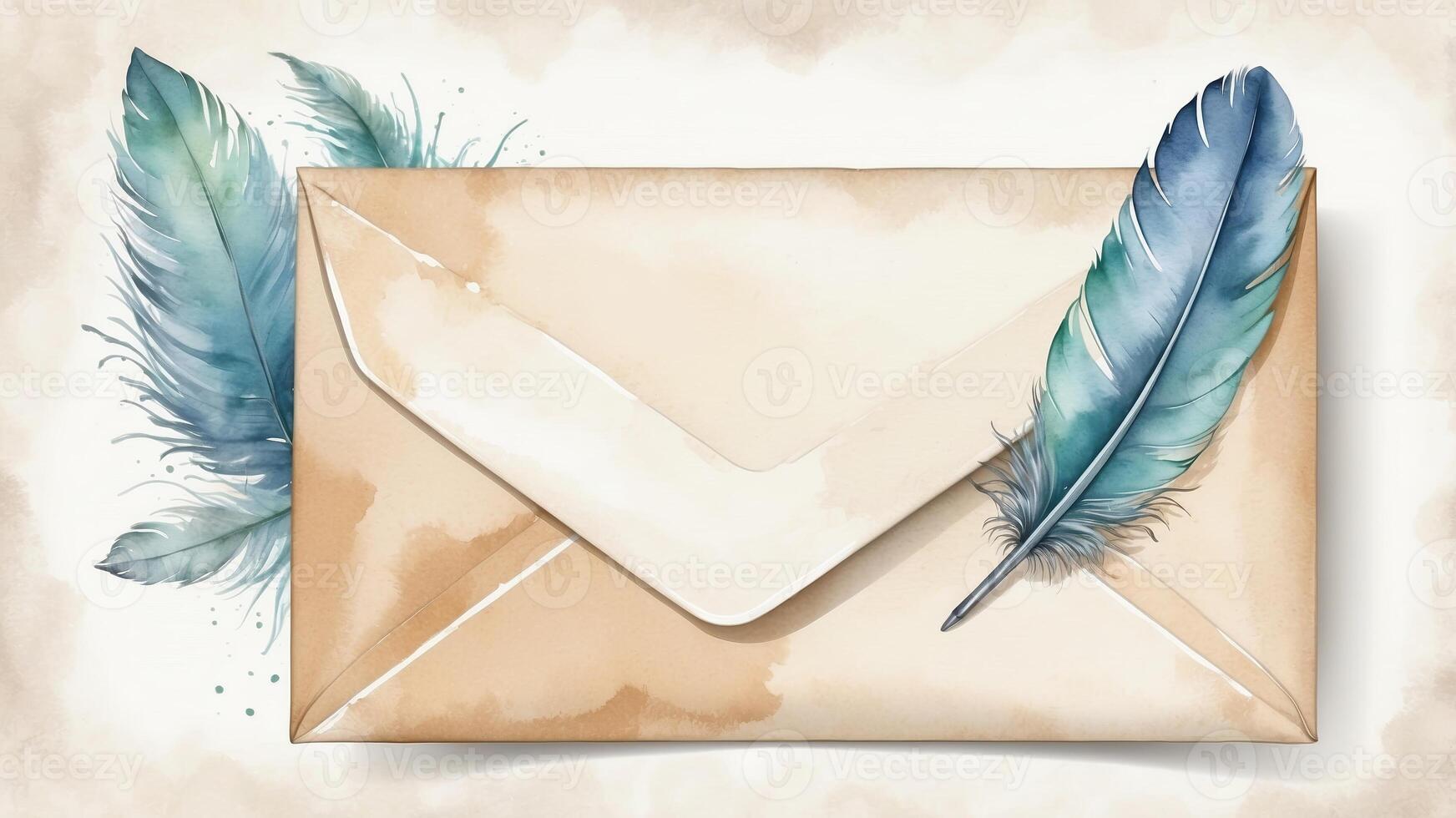 Artistic envelope design with blue feathers on a soft watercolor background photo
