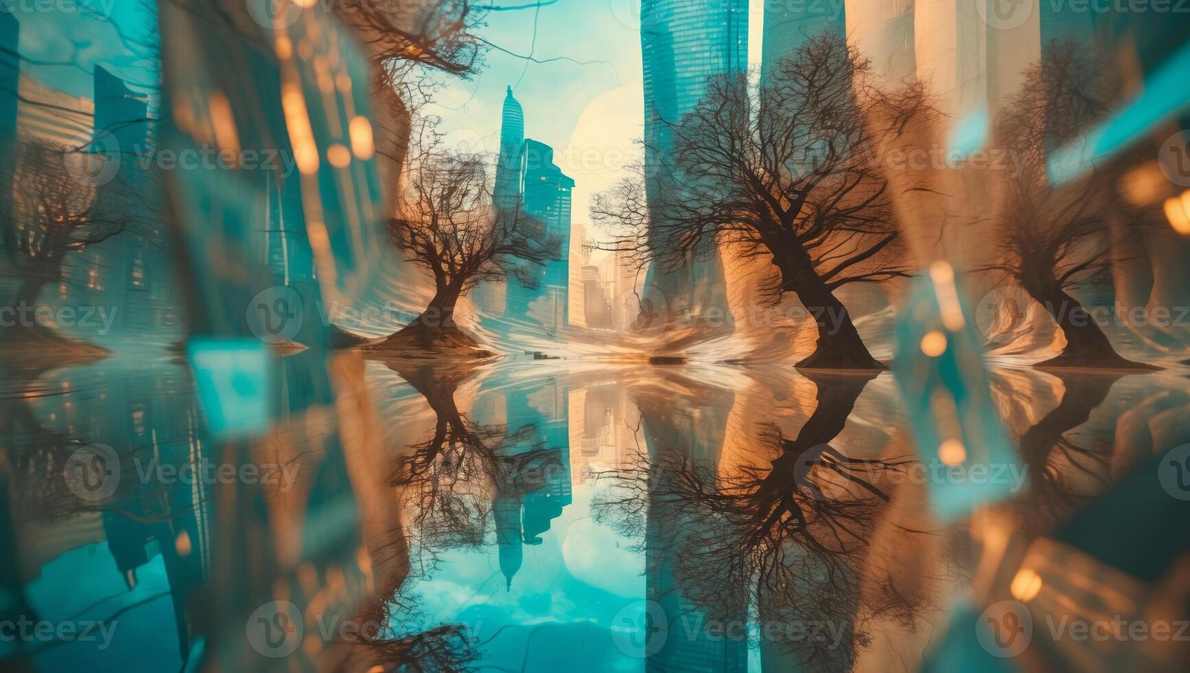 Reflections of a city skyline at sunset with twisted trees and abstract colors in a serene urban setting photo